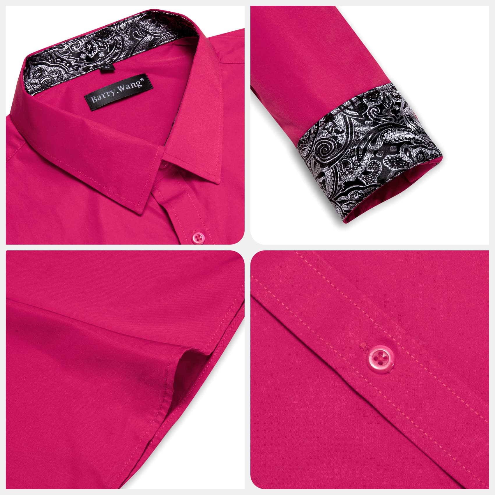 Barry Wang Deep Pink Patchwork Black Paisley Cuffs Button Up Men Shirt