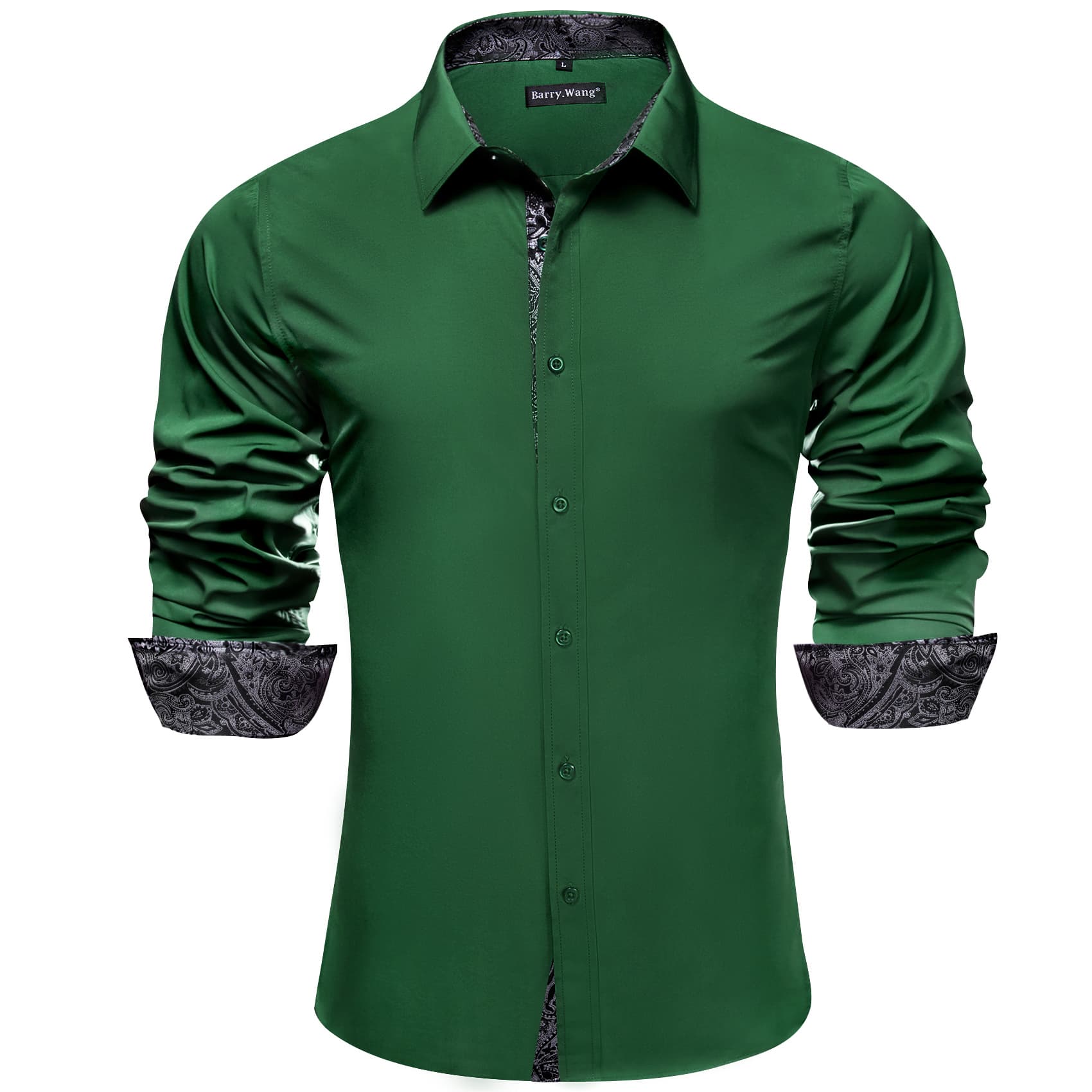Barry Wang Dark Green Shirts Long Sleeve Grey Cuff Patchwork Shirt Top
