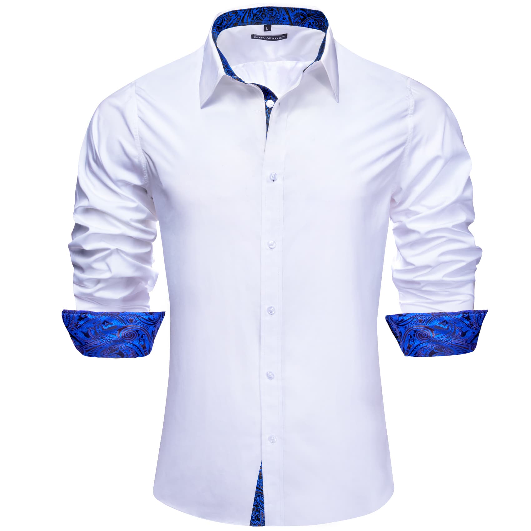 Barry Wang White Dress Shirt Blue Paisley Cuff Patchwork Shirt for Men