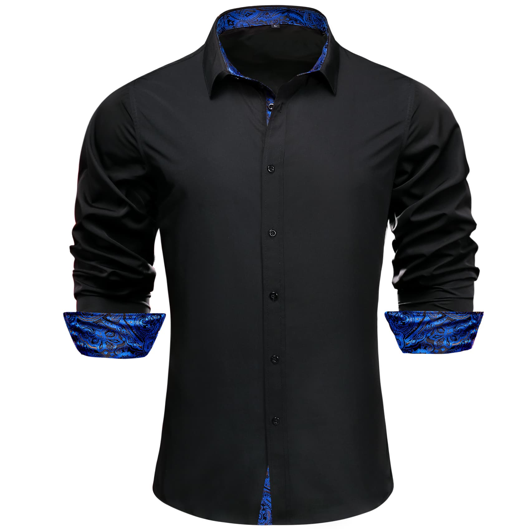 Barry Wang Black Patchwork Dress Shirt with Blue Paisley Cuff Mens Top