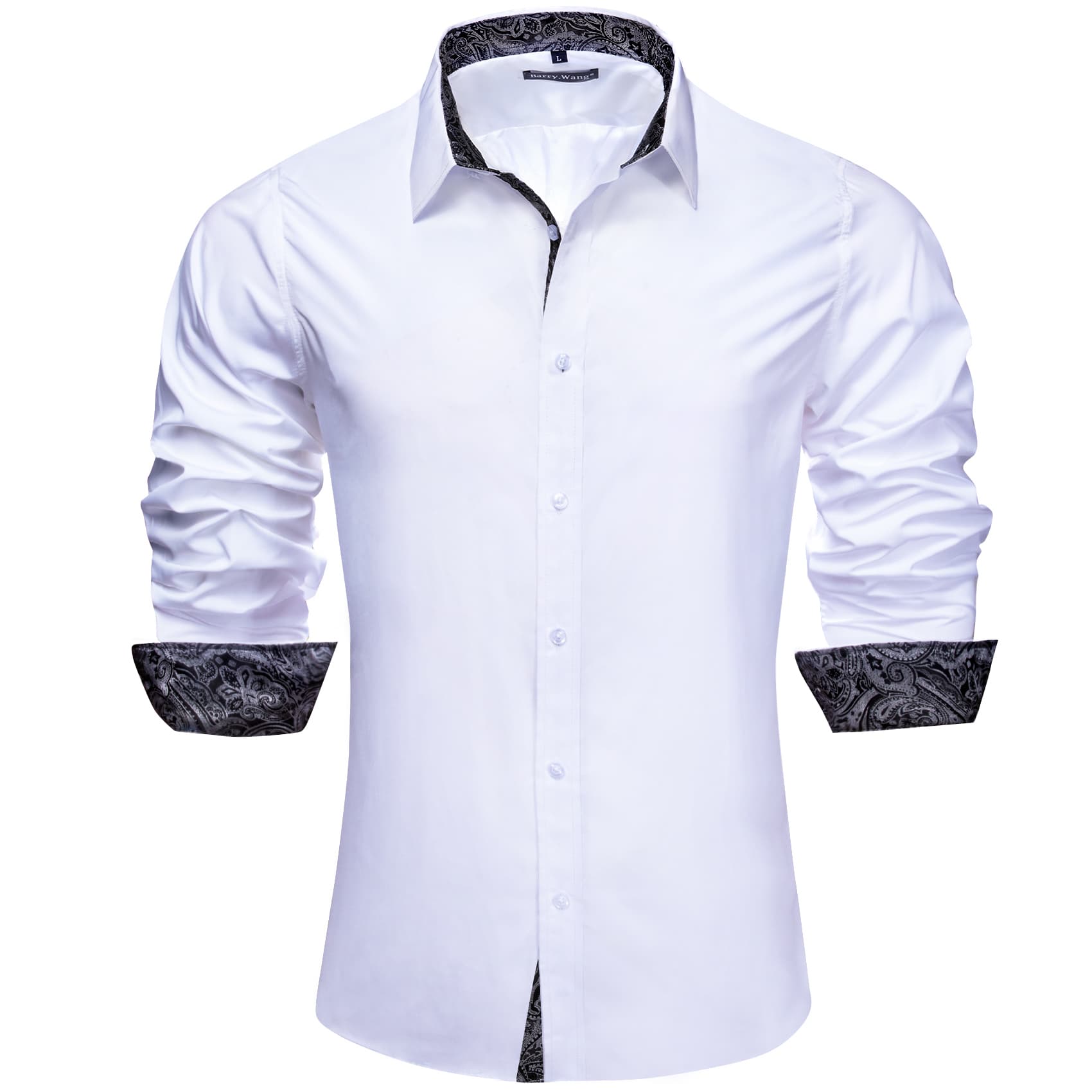 Barry Wang White Dress Shirt Black Paisley Cuff Men's Patchwork Shirt