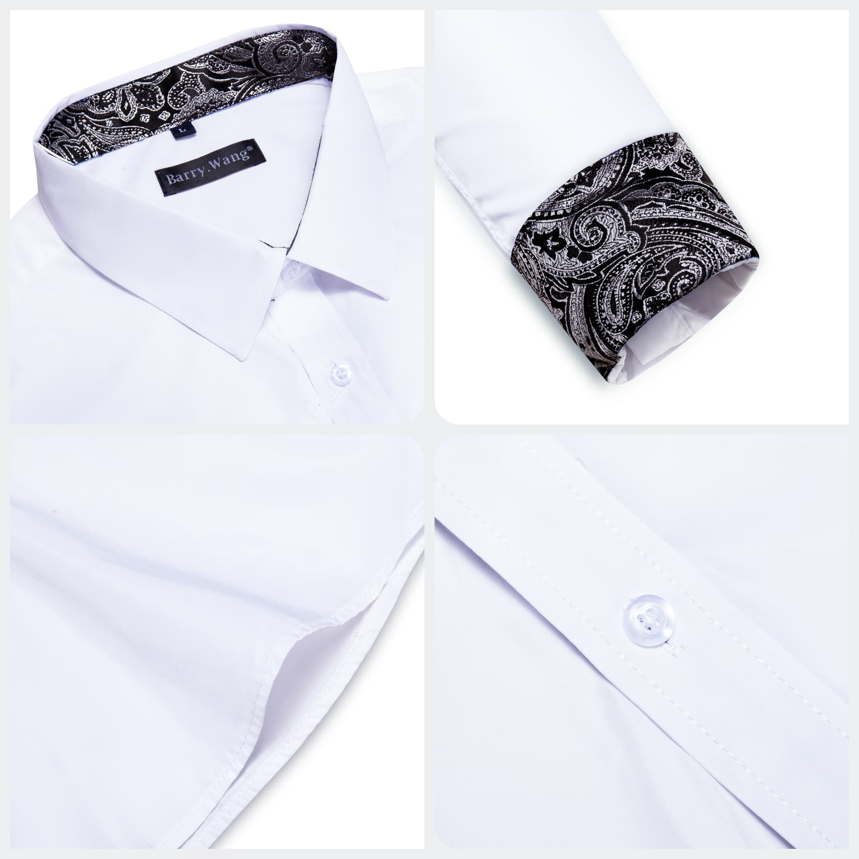 Barry Wang White Dress Shirt Black Paisley Cuff Men's Patchwork Shirt