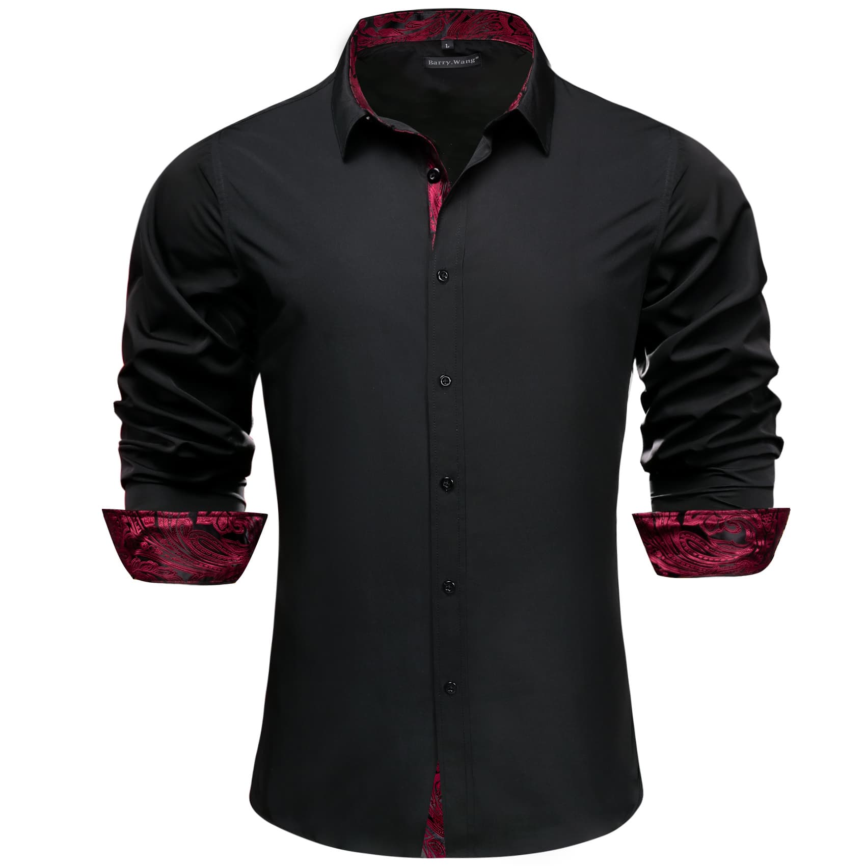 Barry Wang Black Patchwork Dress Shirt with Red Paisley Cuff Men's Top