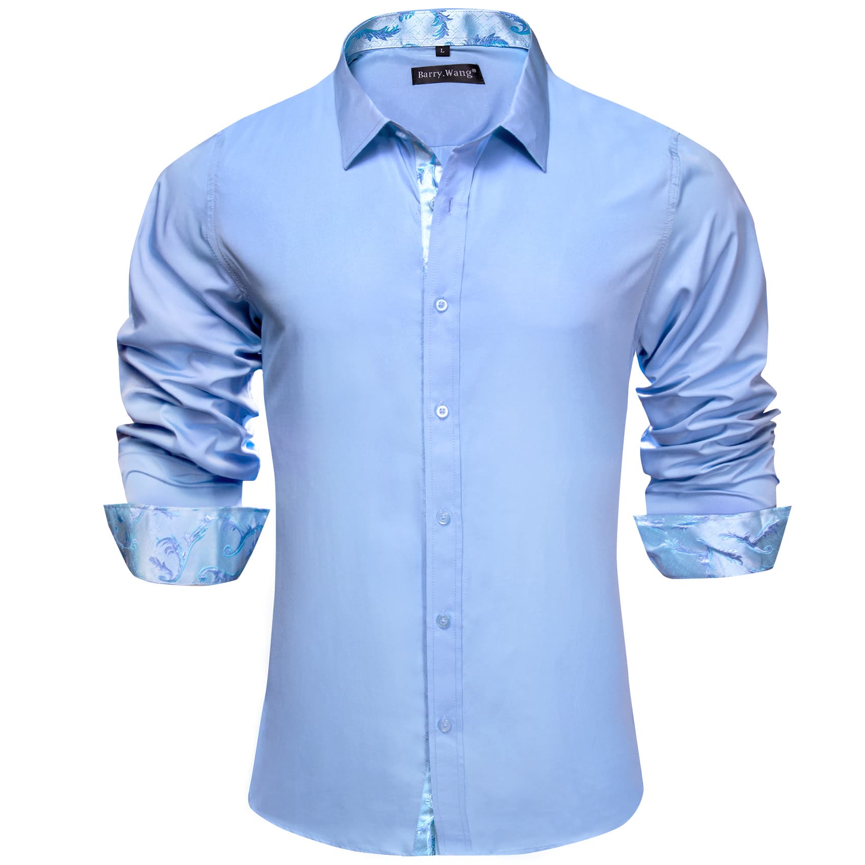 Barry Wang Sky Blue Shirt Solid Patchwork Paisley Cuff Button Up Shirt