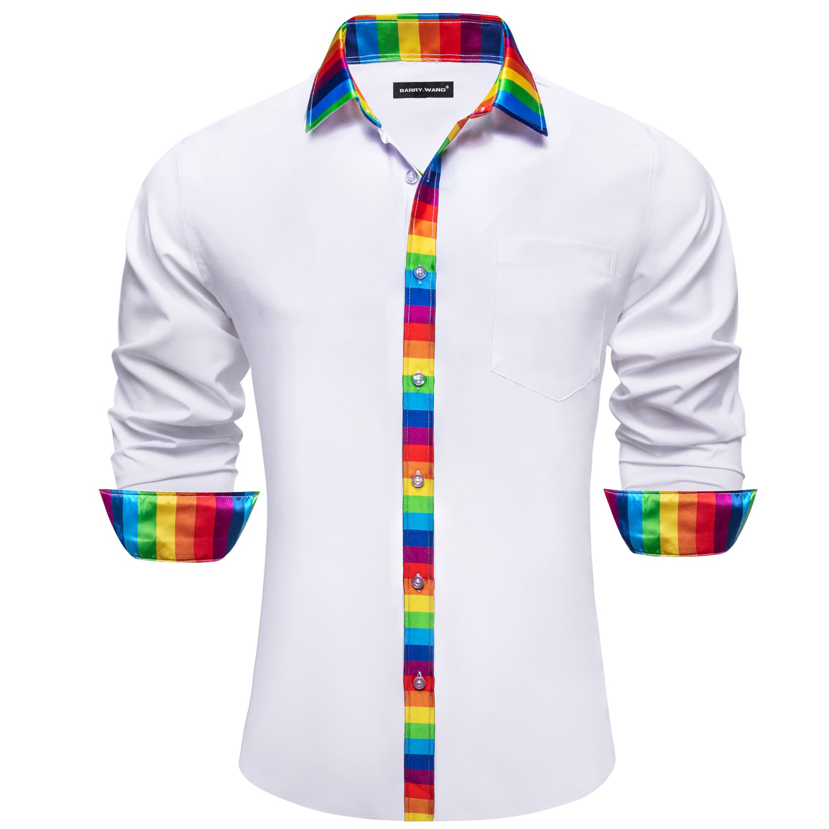 White Silk Shirt Splicing Rainbow Color Collar Cuff Shirt