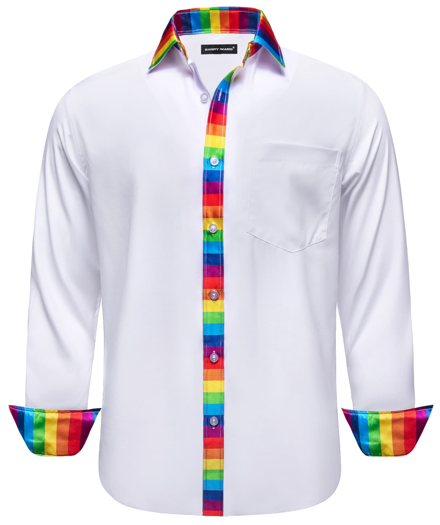 White Silk Shirt Splicing Rainbow Color Collar Cuff Shirt