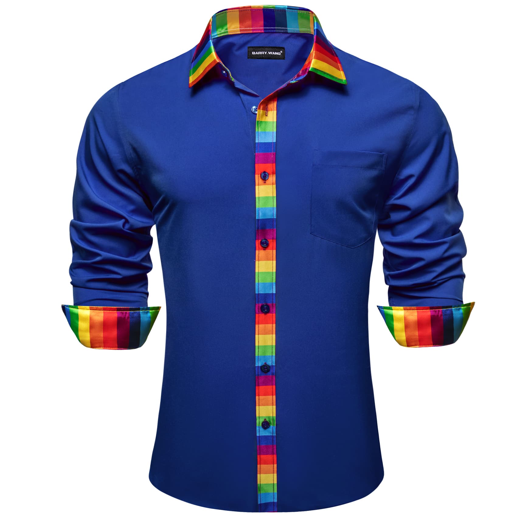 Blue Silk Shirt Splicing Rainbow Color Collar Cuff Shirt