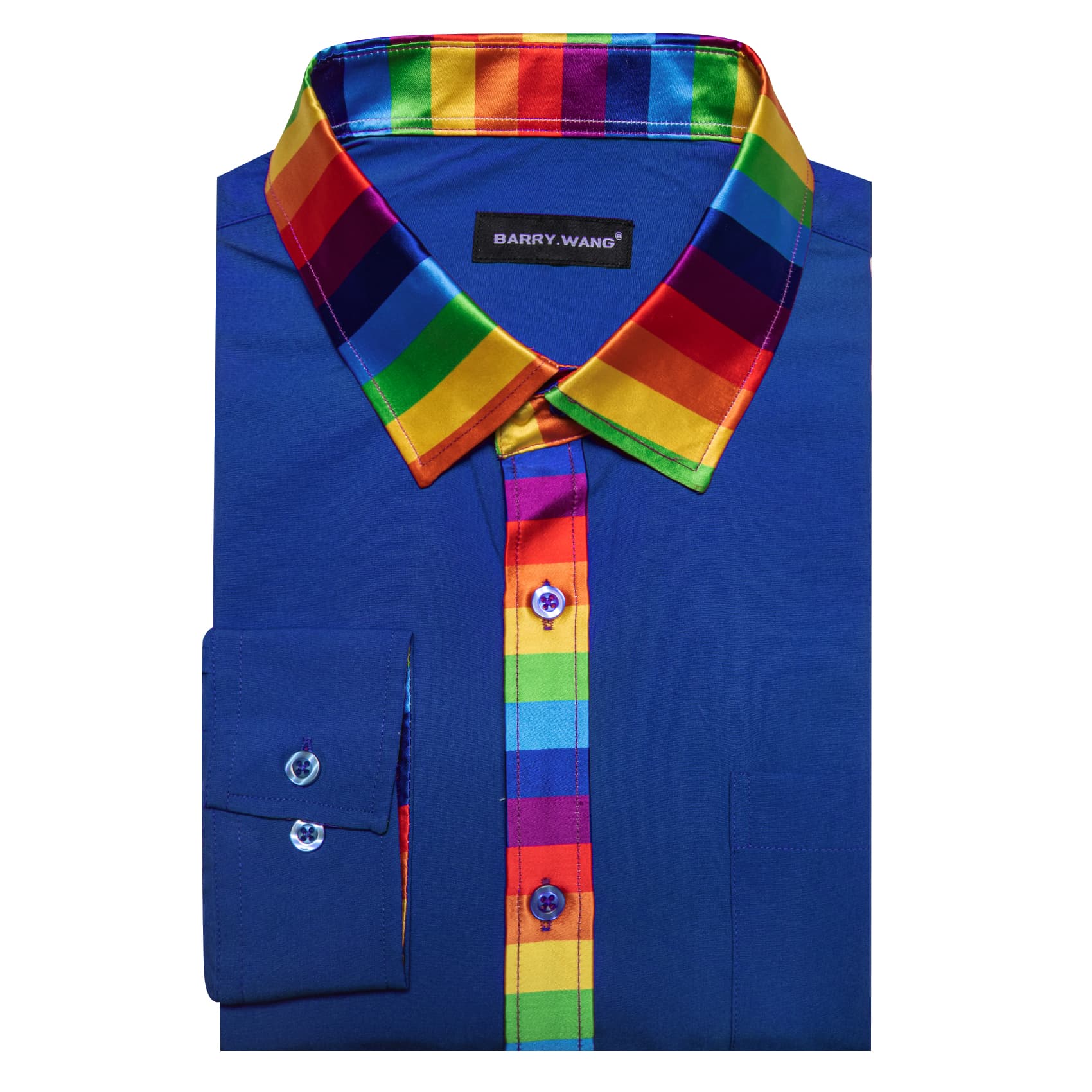 Blue Silk Shirt Splicing Rainbow Color Collar Cuff Shirt