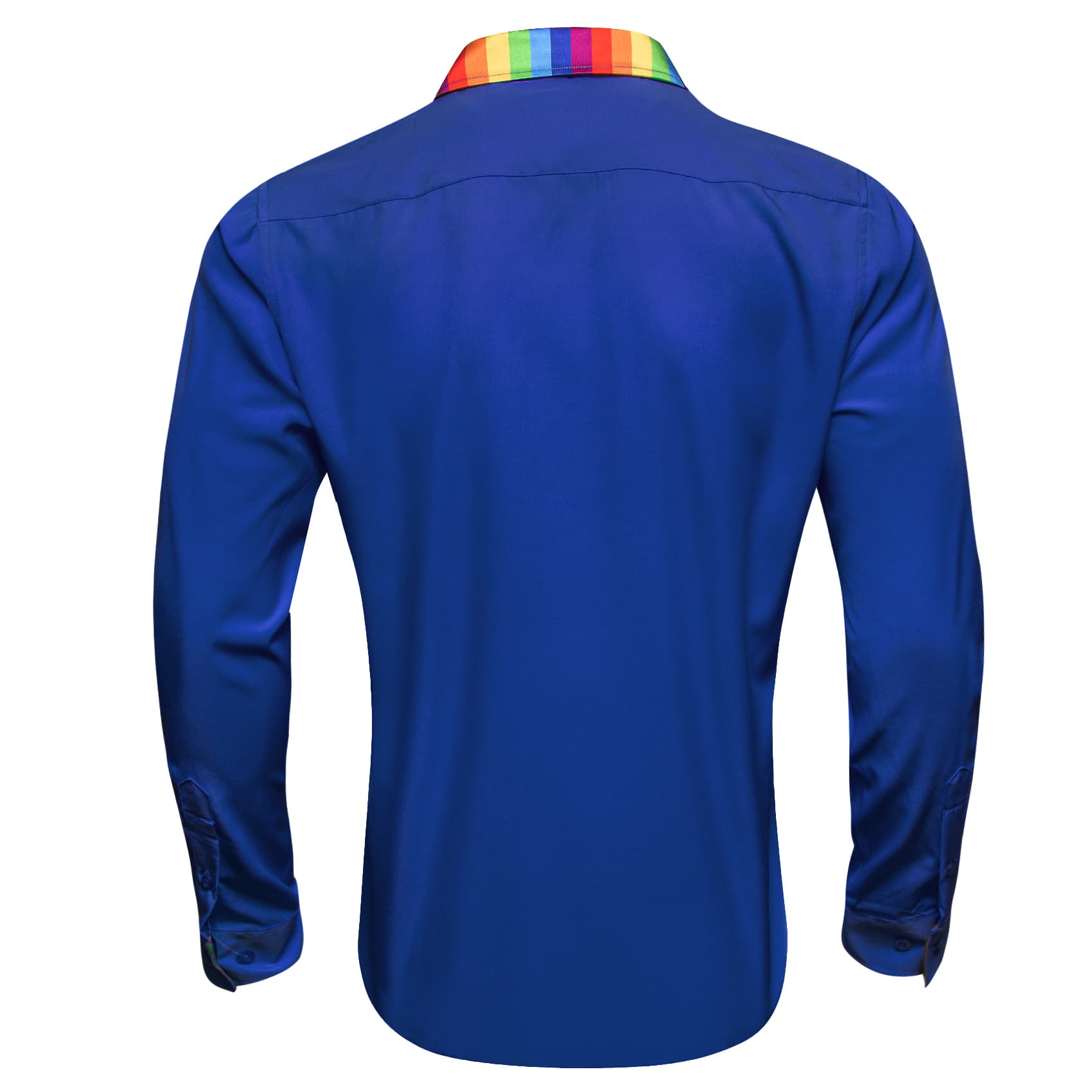 Blue Silk Shirt Splicing Rainbow Color Collar Cuff Shirt