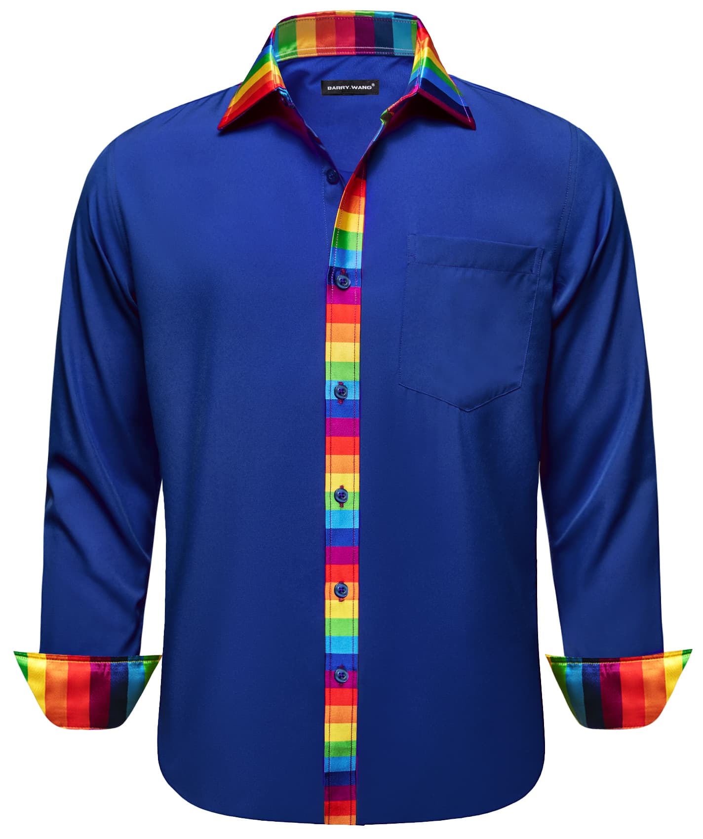 Blue Silk Shirt Splicing Rainbow Color Collar Cuff Shirt