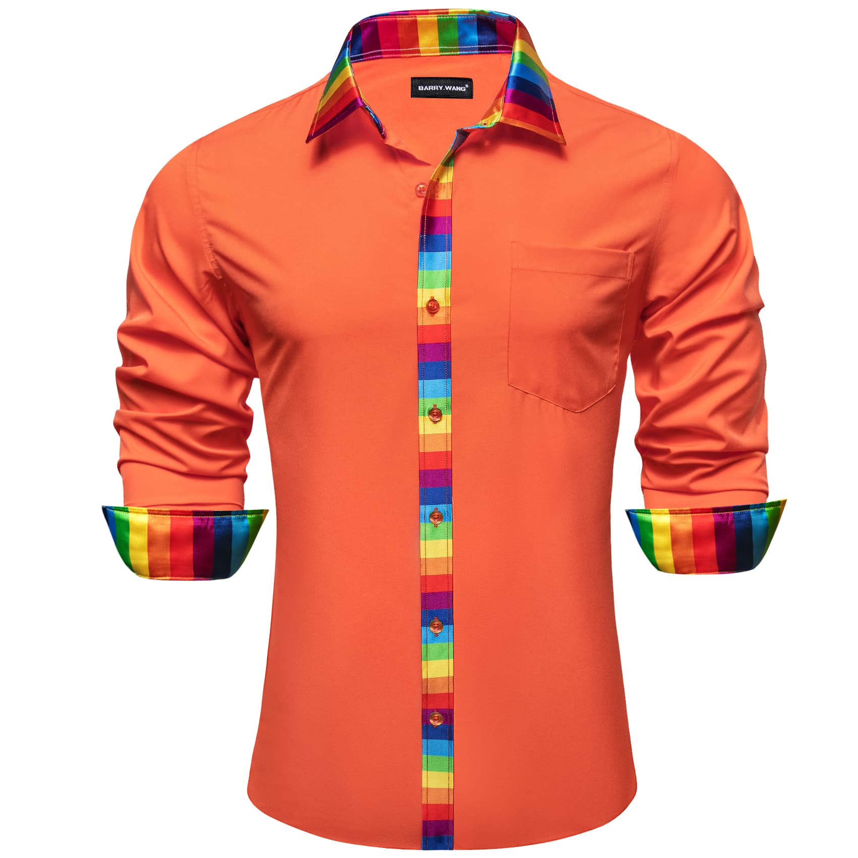 Orange Silk Shirt Splicing Rainbow Color Collar Cuff Shirt