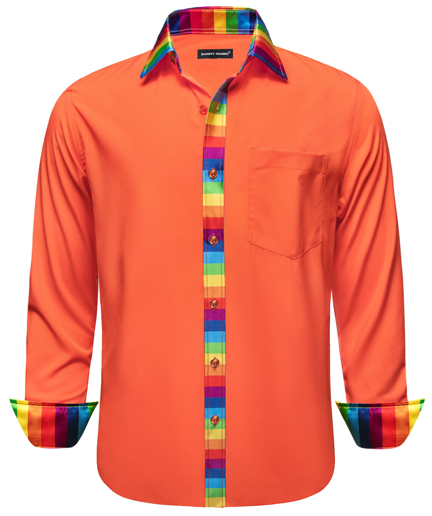 Orange Silk Shirt Splicing Rainbow Color Collar Cuff Shirt