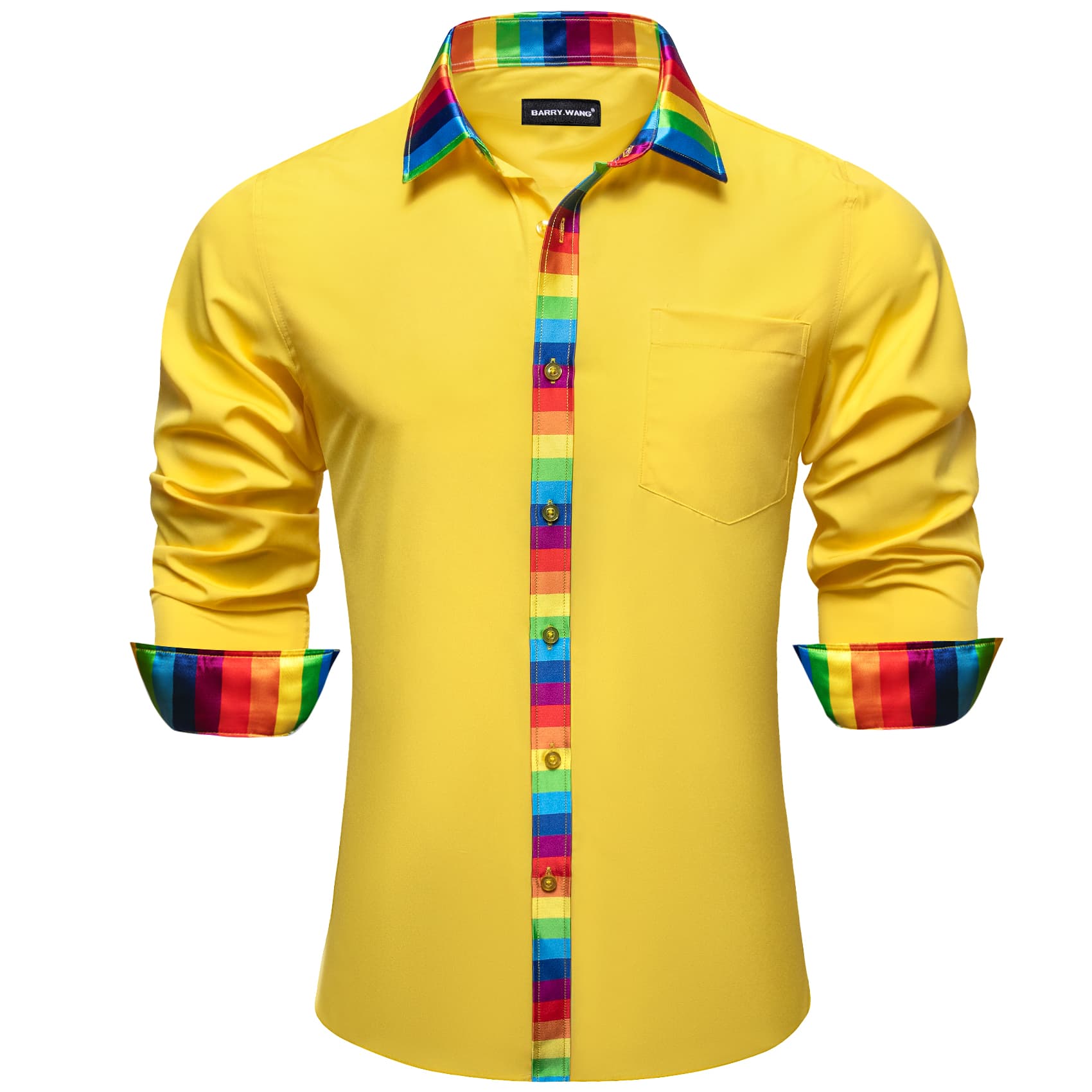 Yellow Solid Shirt Splicing Rainbow Color Collar Cuff Shirt