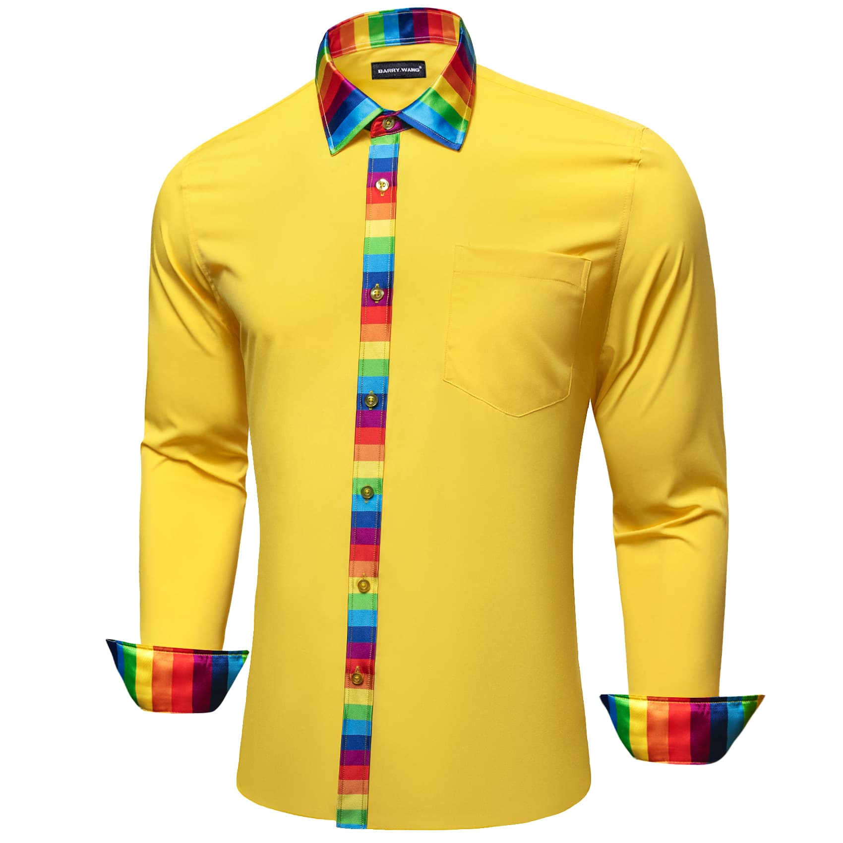 Yellow Solid Shirt Splicing Rainbow Color Collar Cuff Shirt