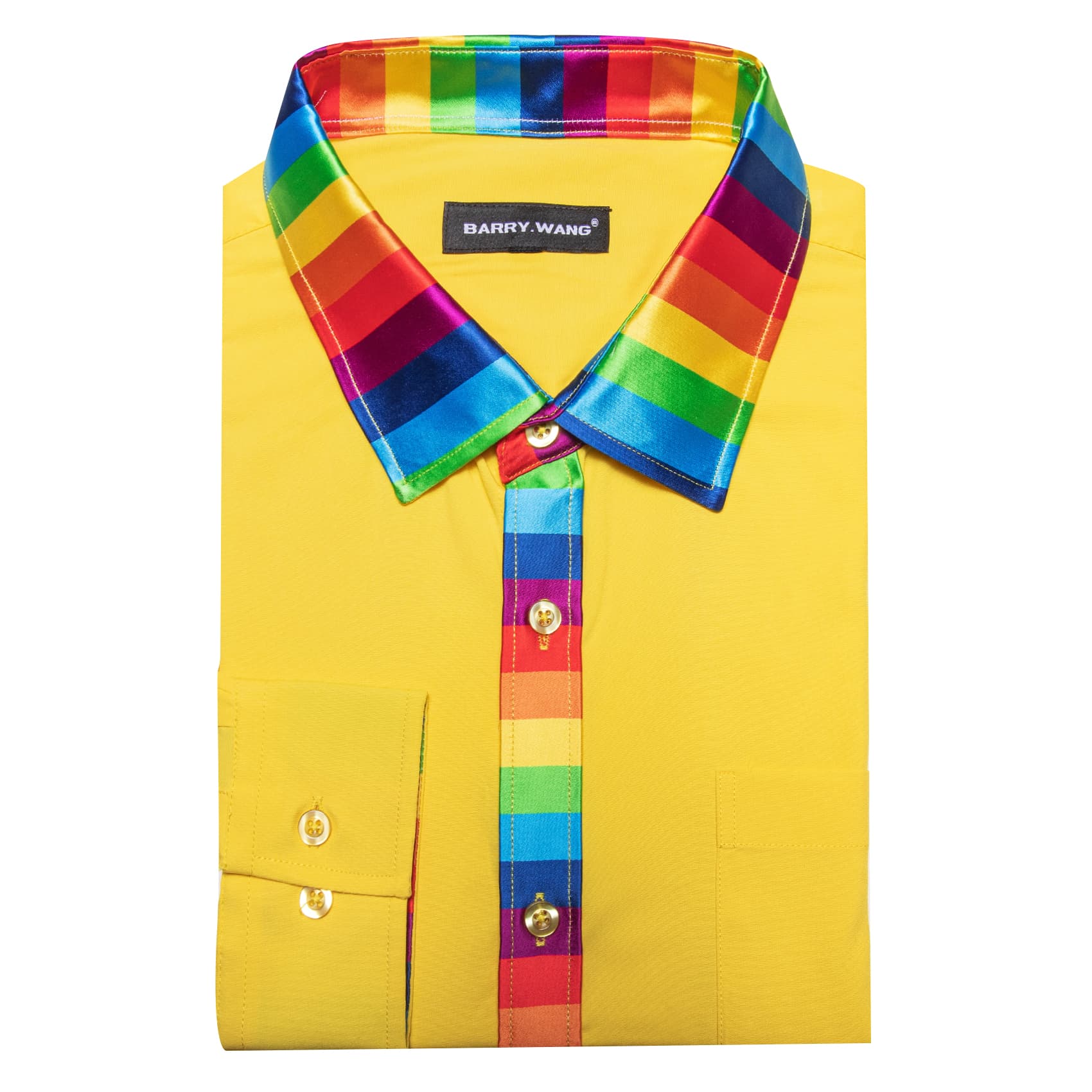 Yellow Solid Shirt Splicing Rainbow Color Collar Cuff Shirt