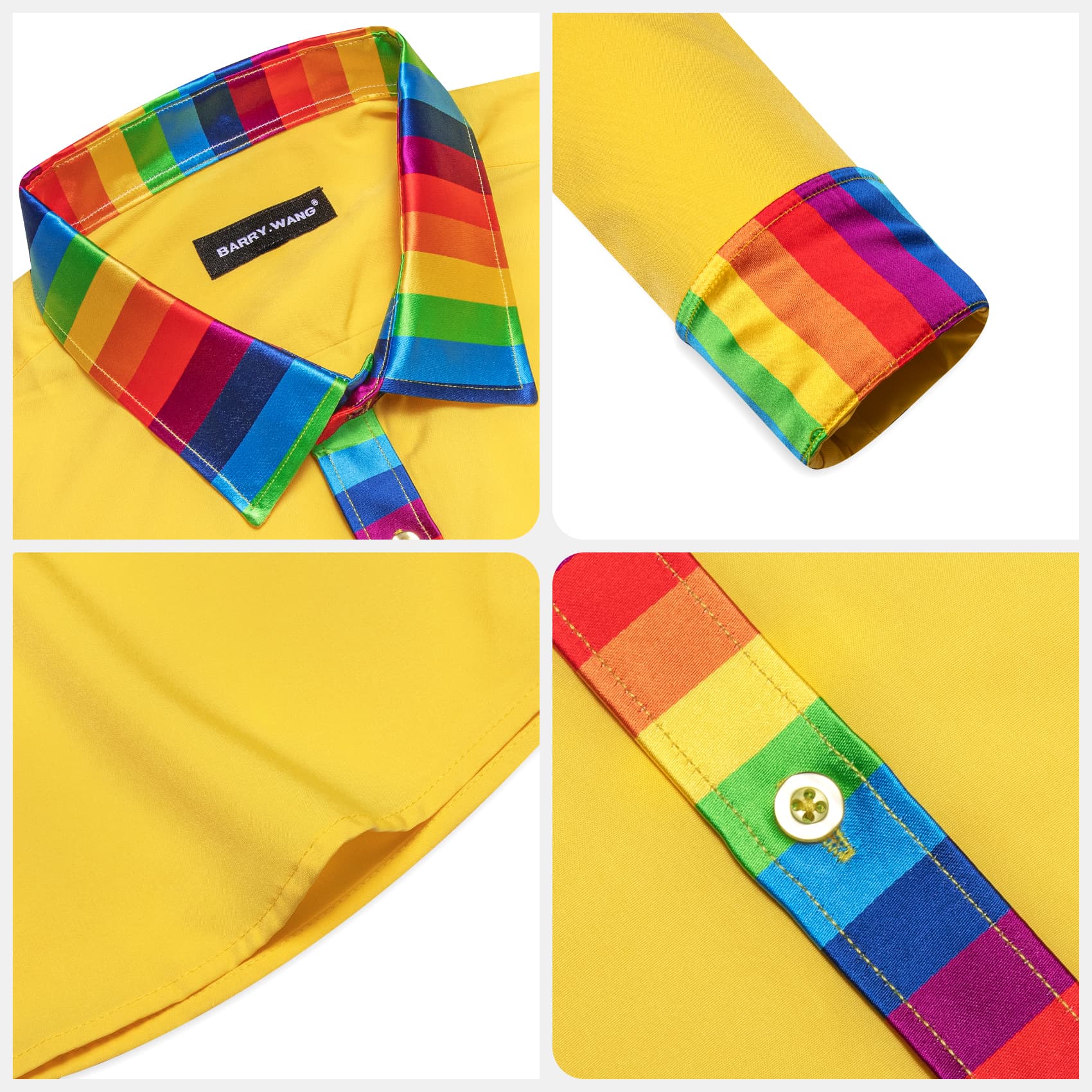 Yellow Solid Shirt Splicing Rainbow Color Collar Cuff Shirt