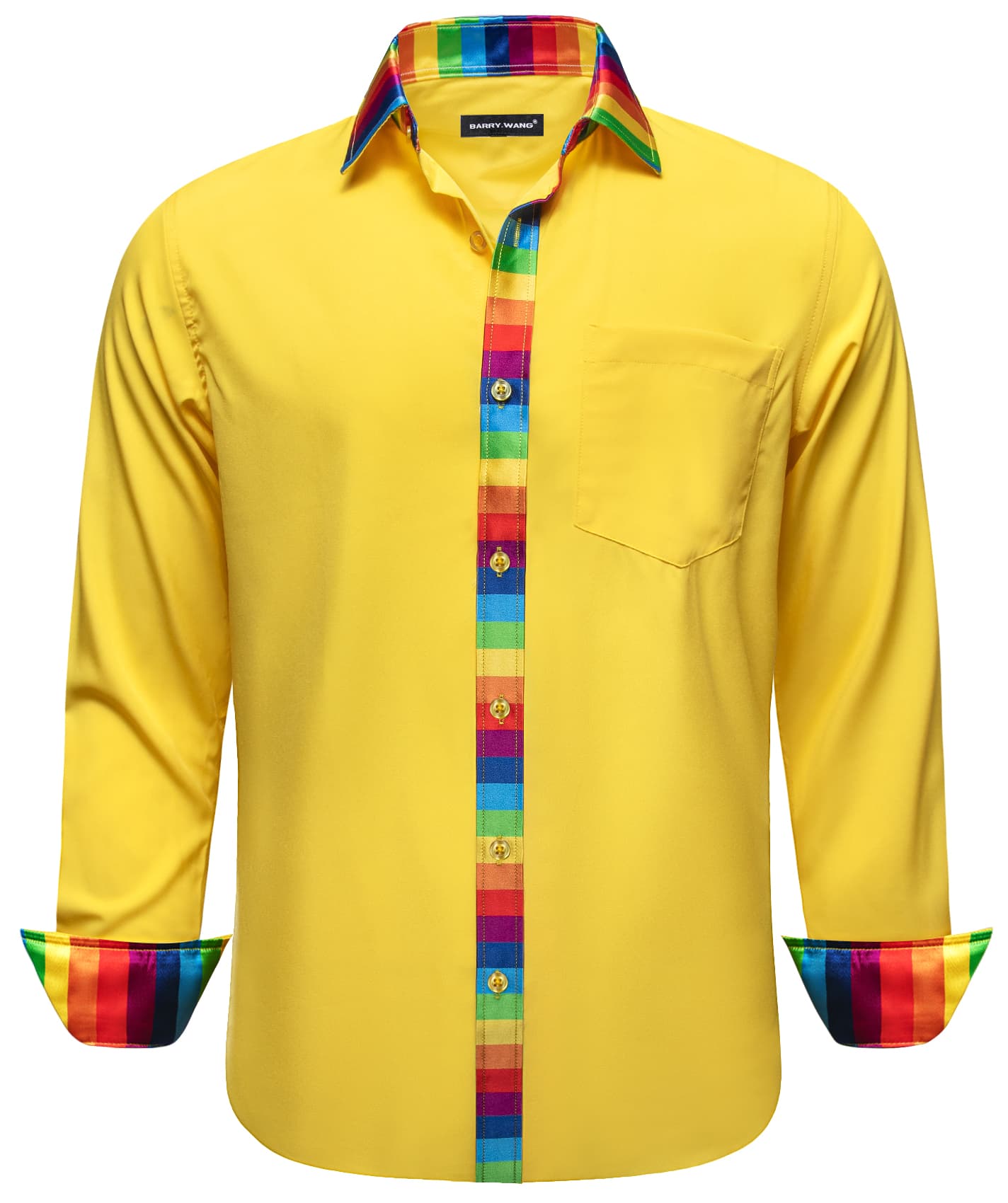 Yellow Solid Shirt Splicing Rainbow Color Collar Cuff Shirt