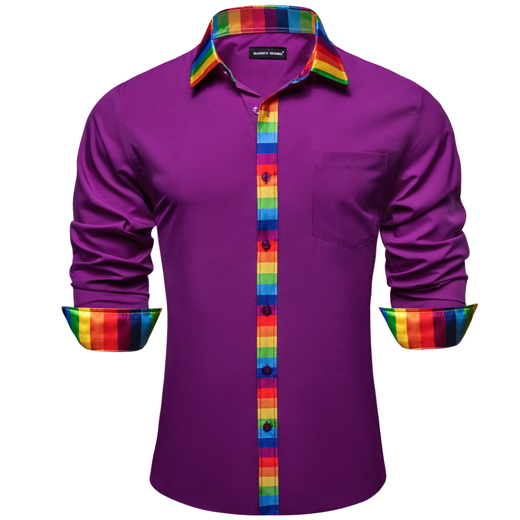 Purple Silk Shirt Splicing Rainbow Color Collar Cuff Shirt