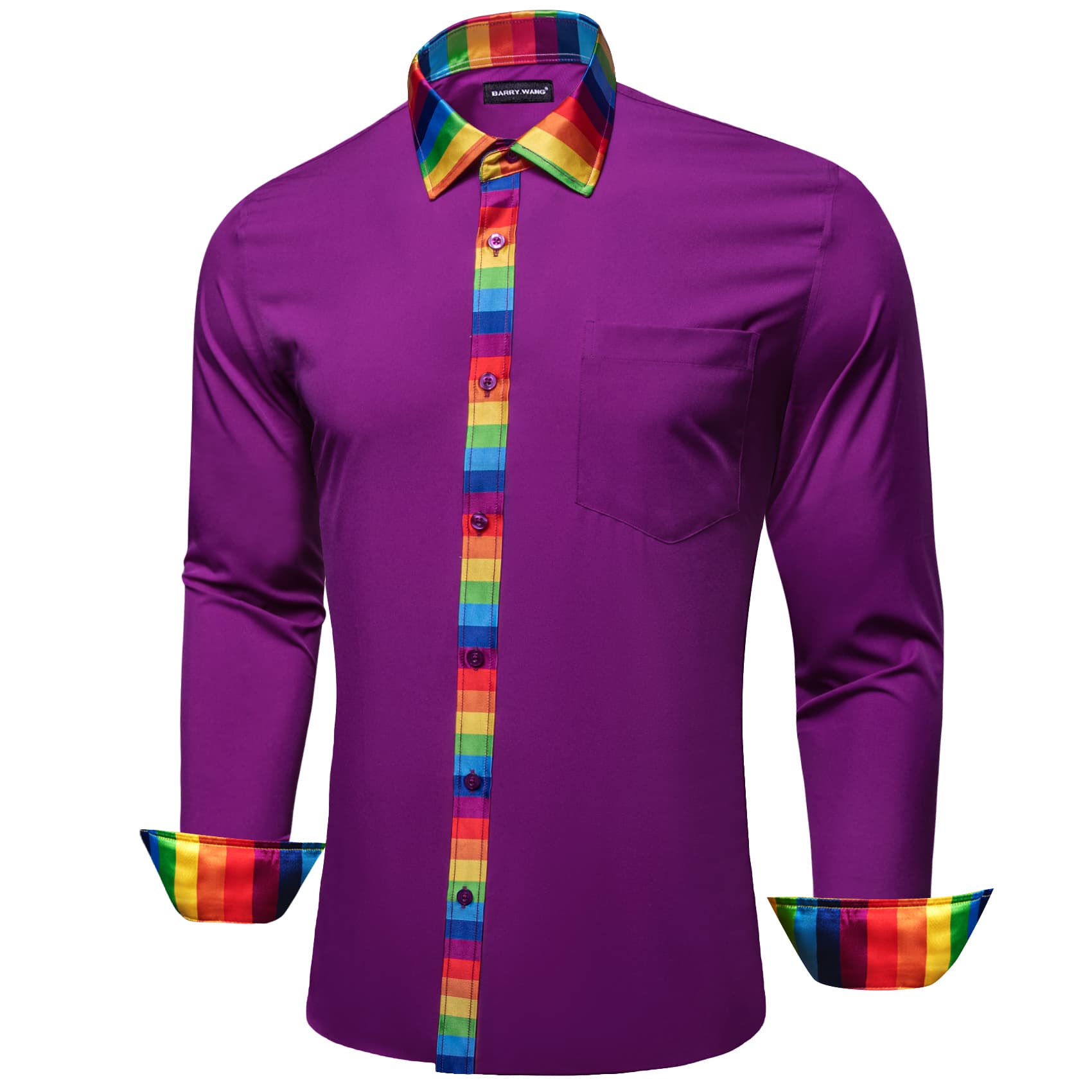 Purple Silk Shirt Splicing Rainbow Color Collar Cuff Shirt