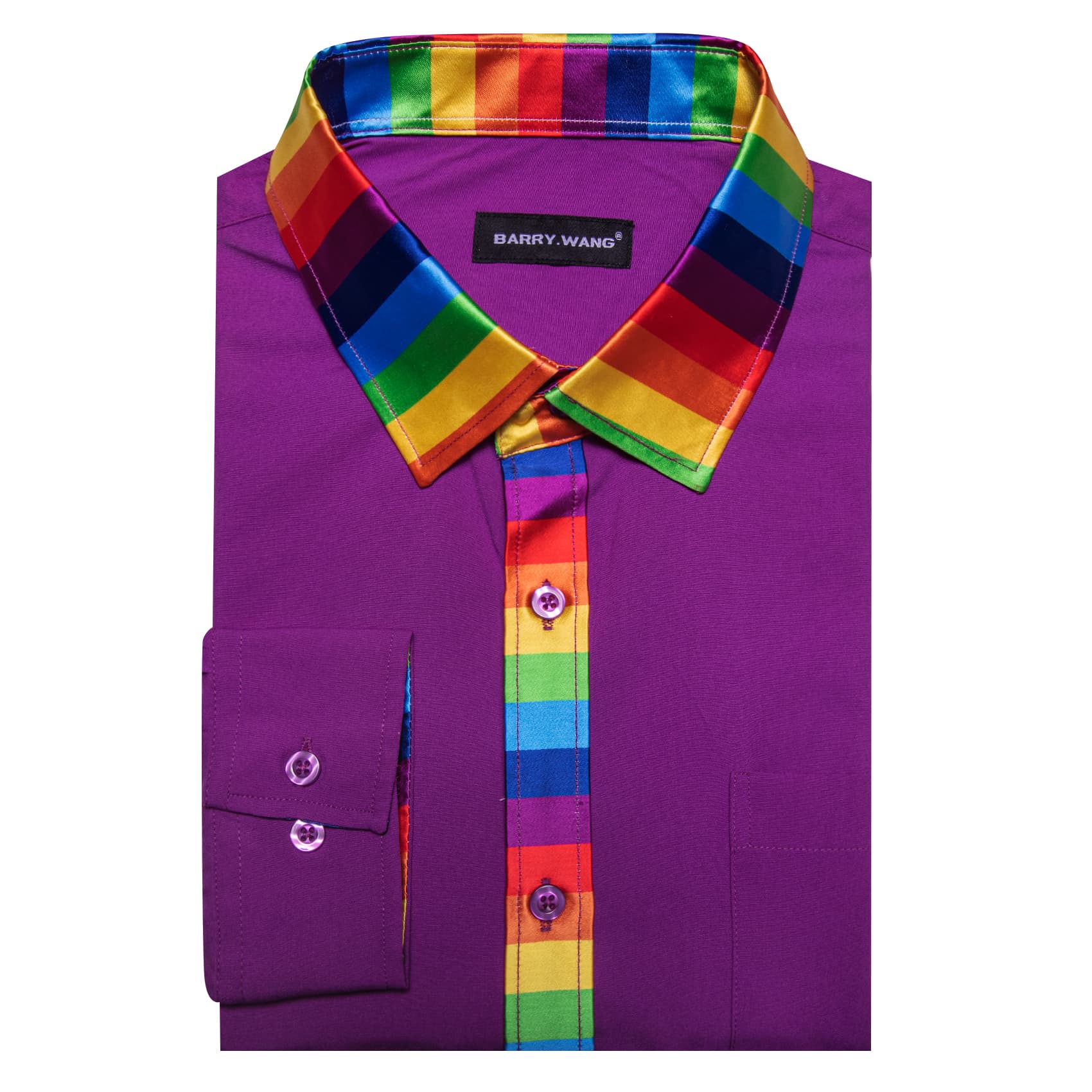 Purple Silk Shirt Splicing Rainbow Color Collar Cuff Shirt