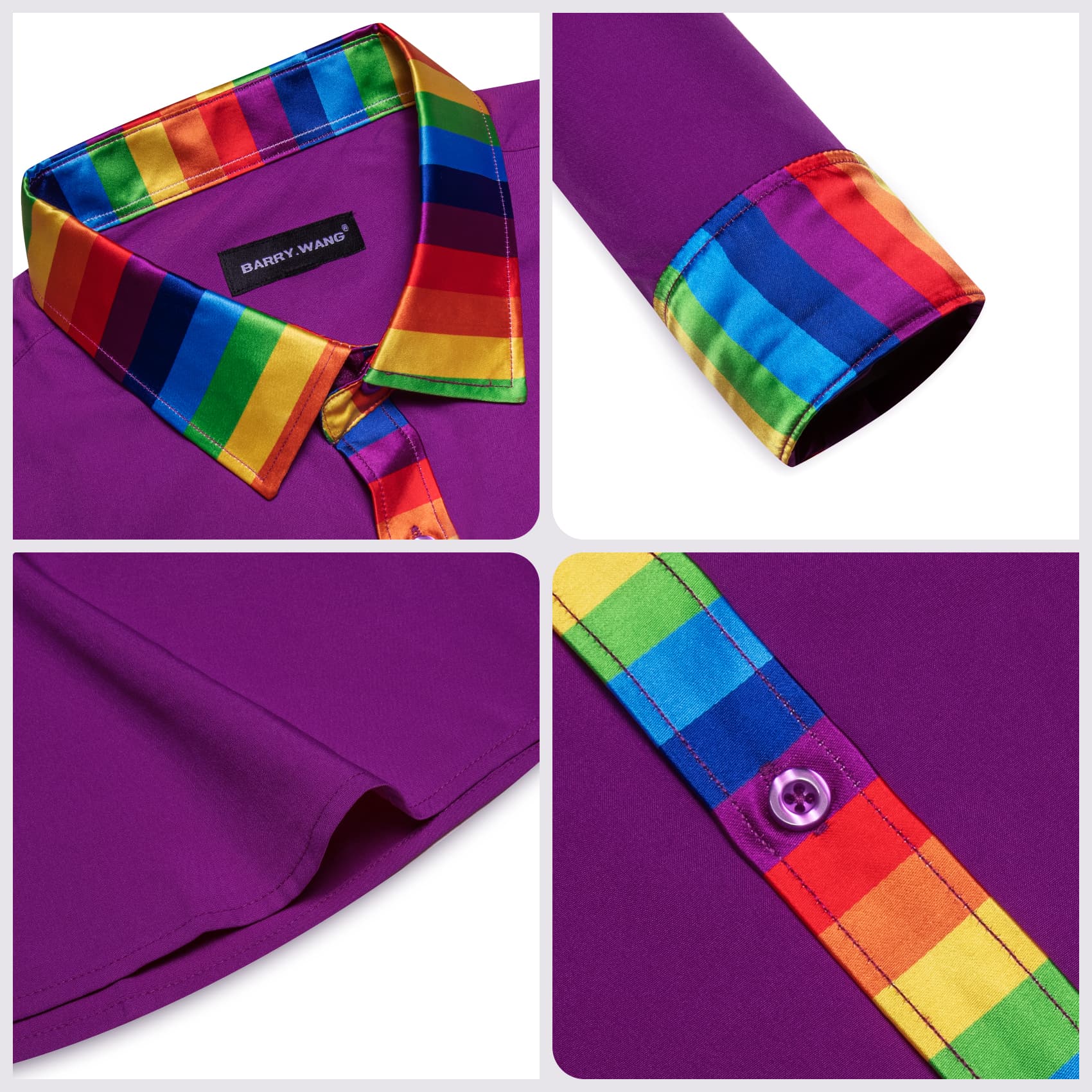 Purple Silk Shirt Splicing Rainbow Color Collar Cuff Shirt