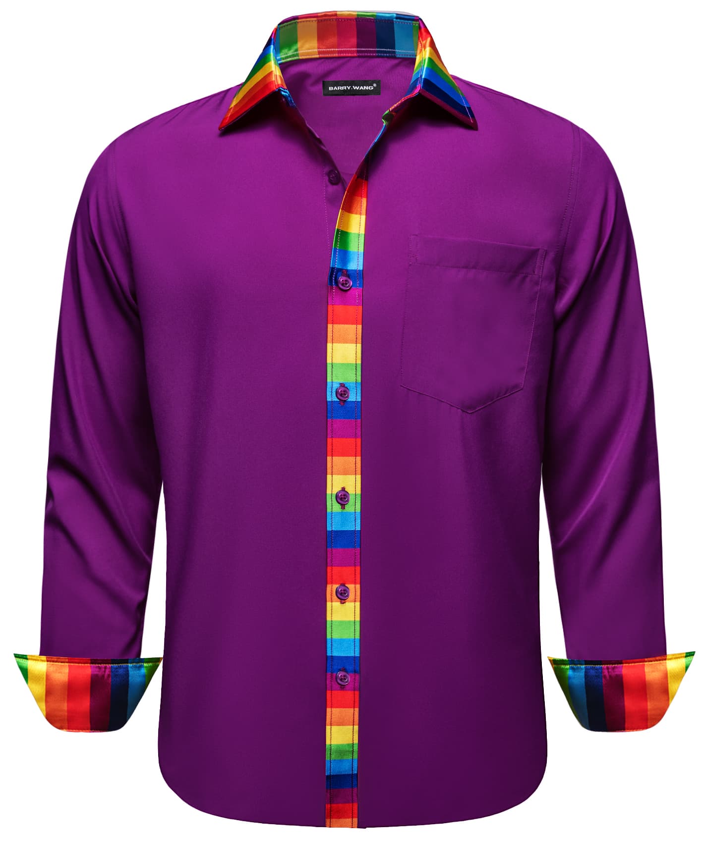 Purple Silk Shirt Splicing Rainbow Color Collar Cuff Shirt