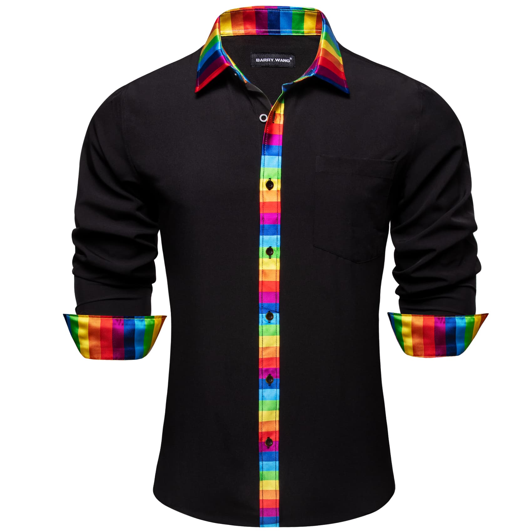 Black Silk Shirt Splicing Rainbow Color Collar Cuffs Shirt