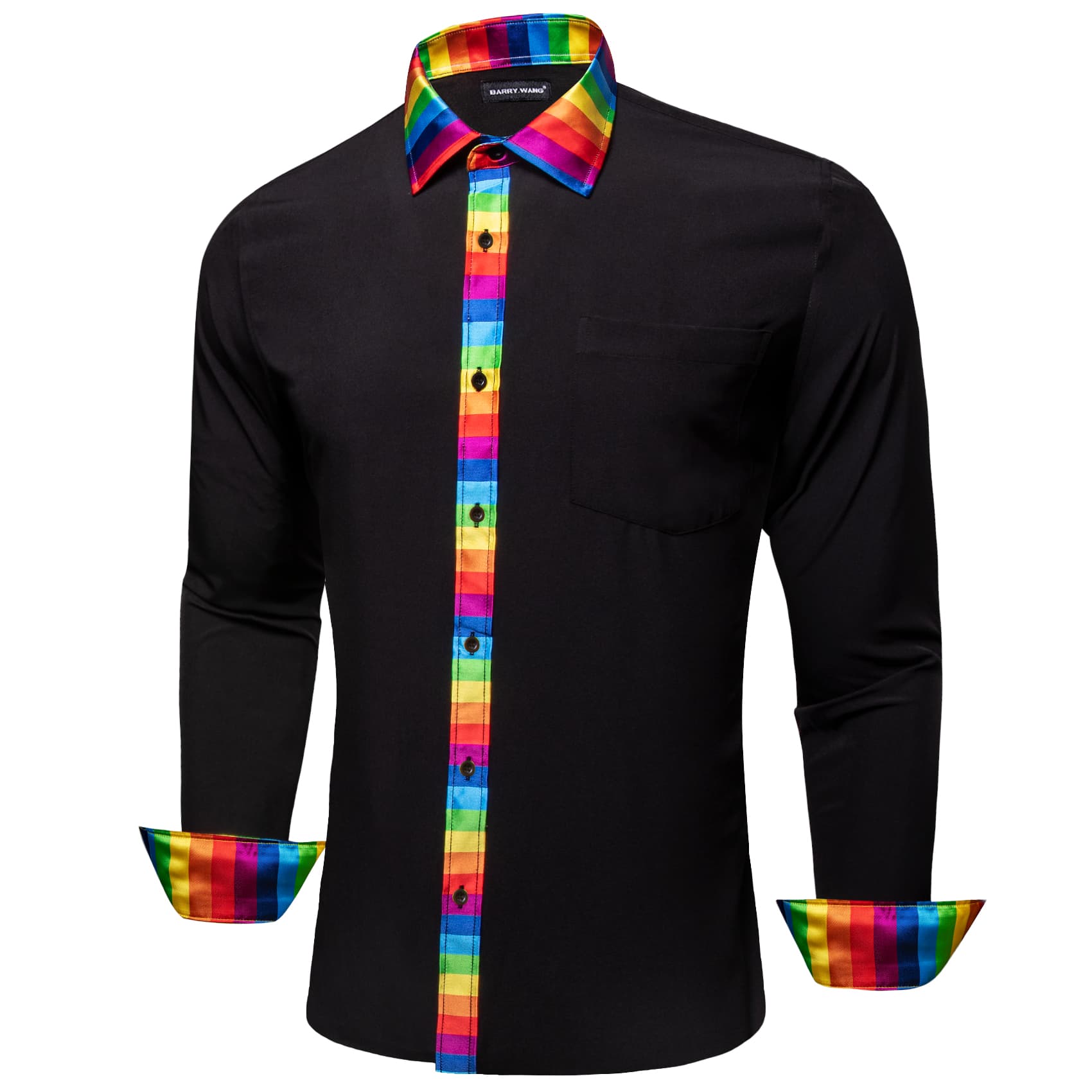 Black Silk Shirt Splicing Rainbow Color Collar Cuffs Shirt