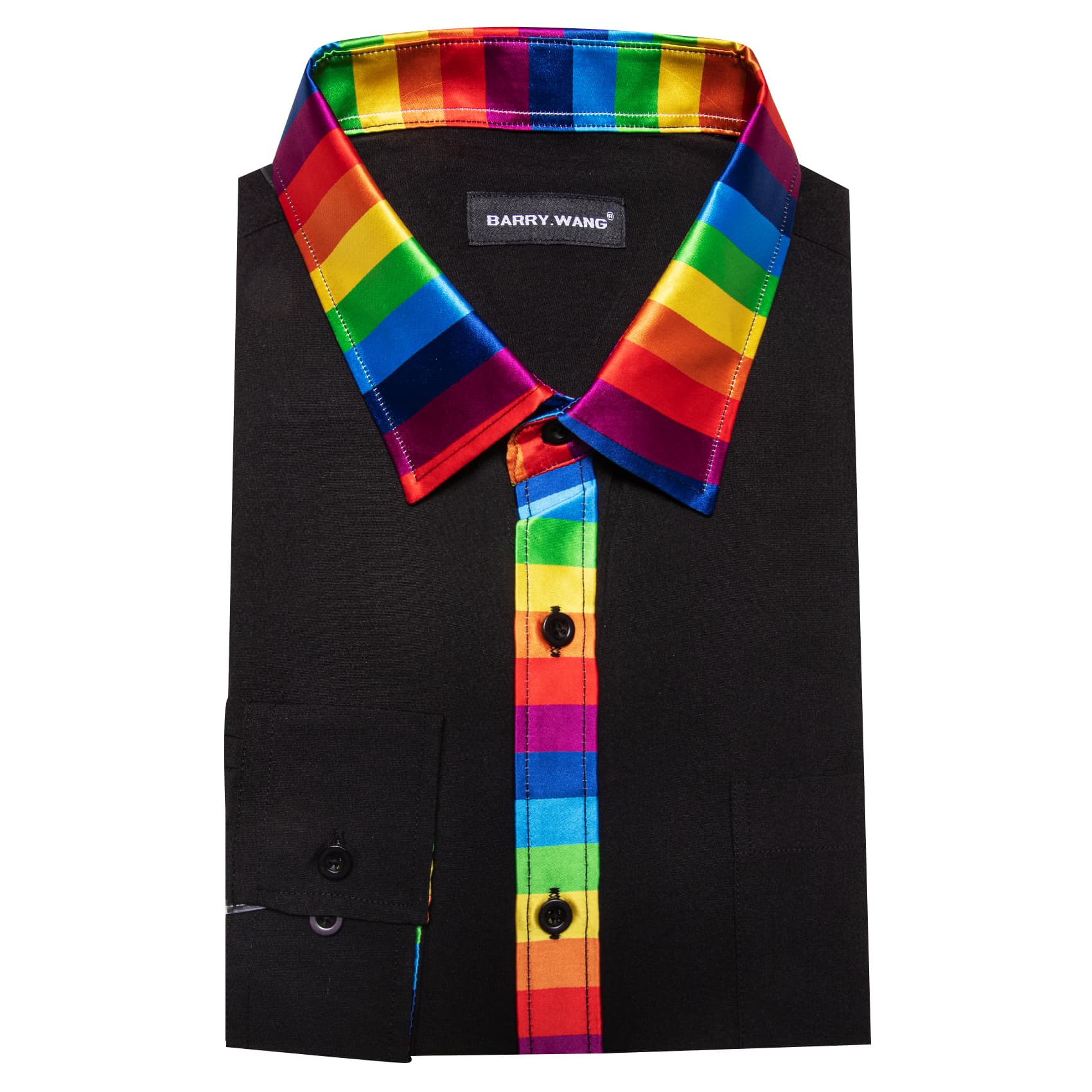 Black Silk Shirt Splicing Rainbow Color Collar Cuffs Shirt