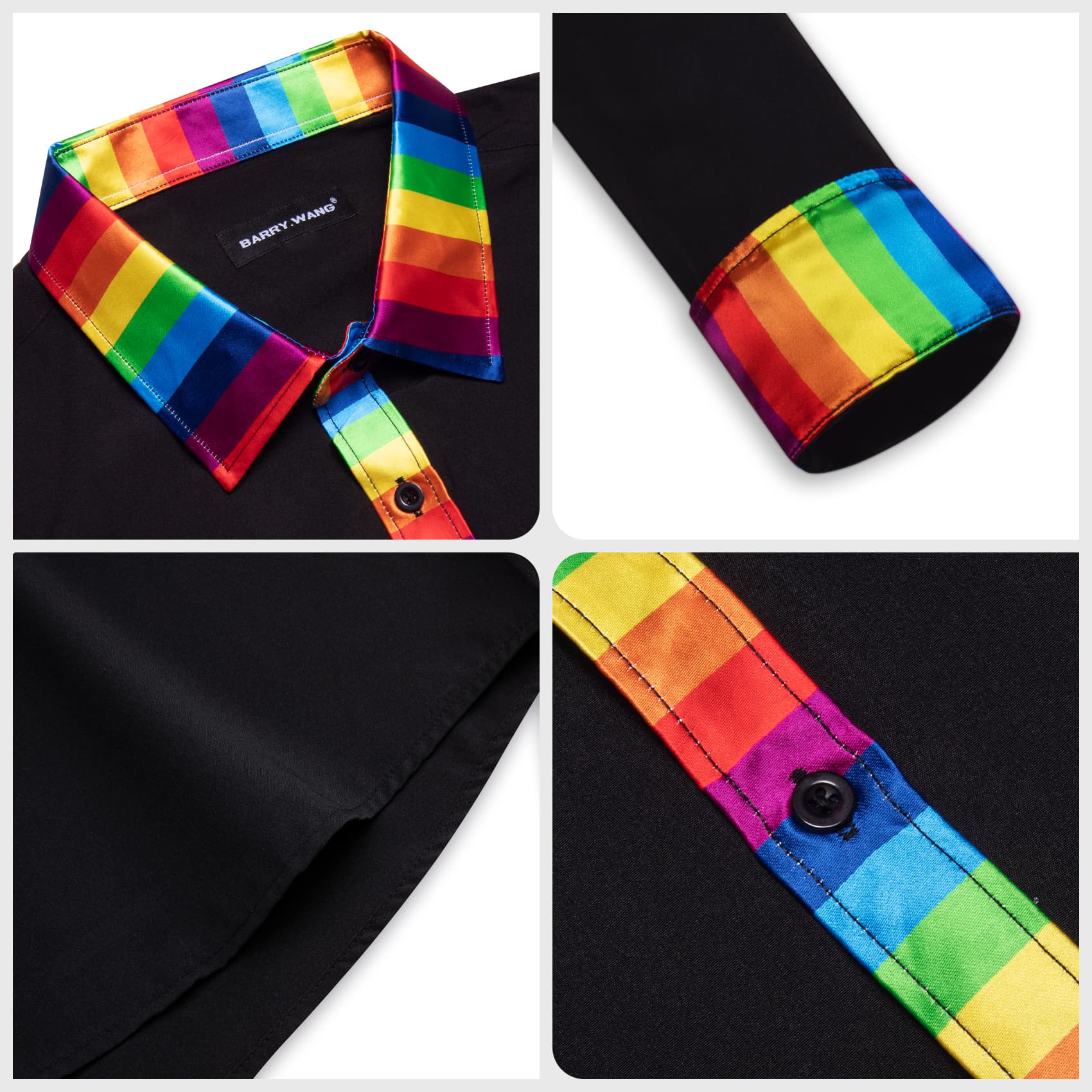 Black Silk Shirt Splicing Rainbow Color Collar Cuffs Shirt