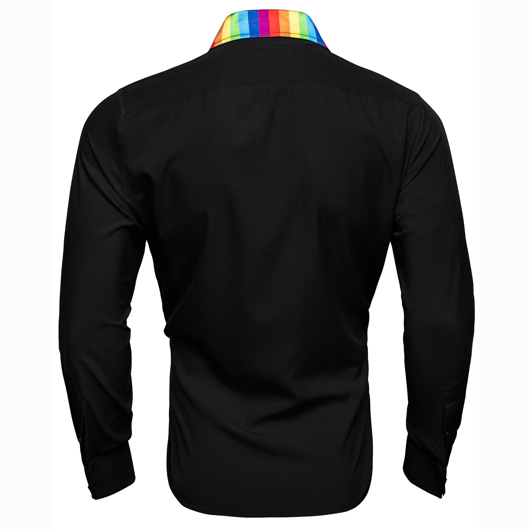 Black Silk Shirt Splicing Rainbow Color Collar Cuffs Shirt