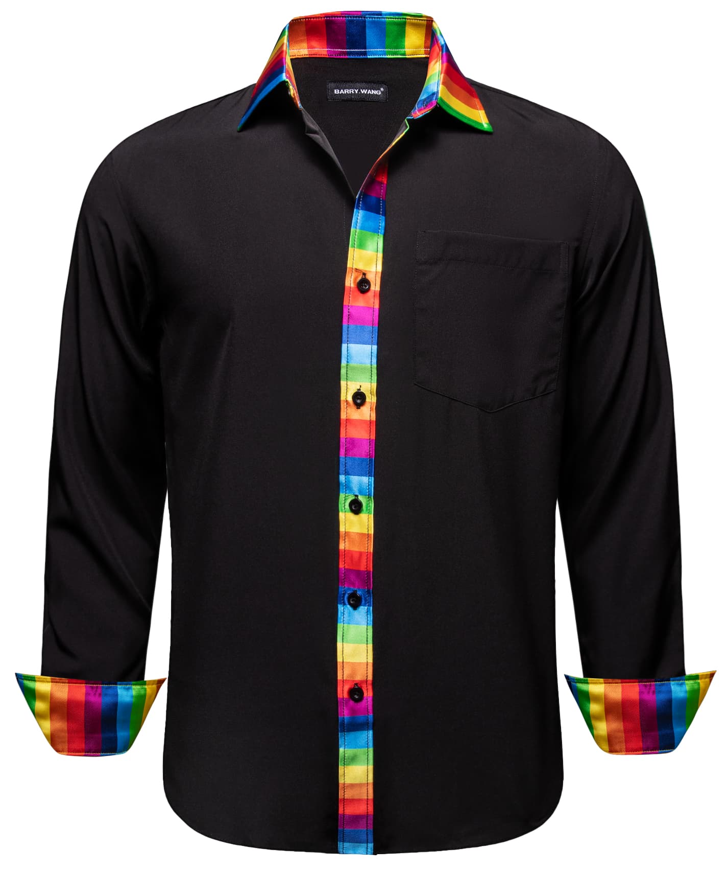 Black Silk Shirt Splicing Rainbow Color Collar Cuffs Shirt