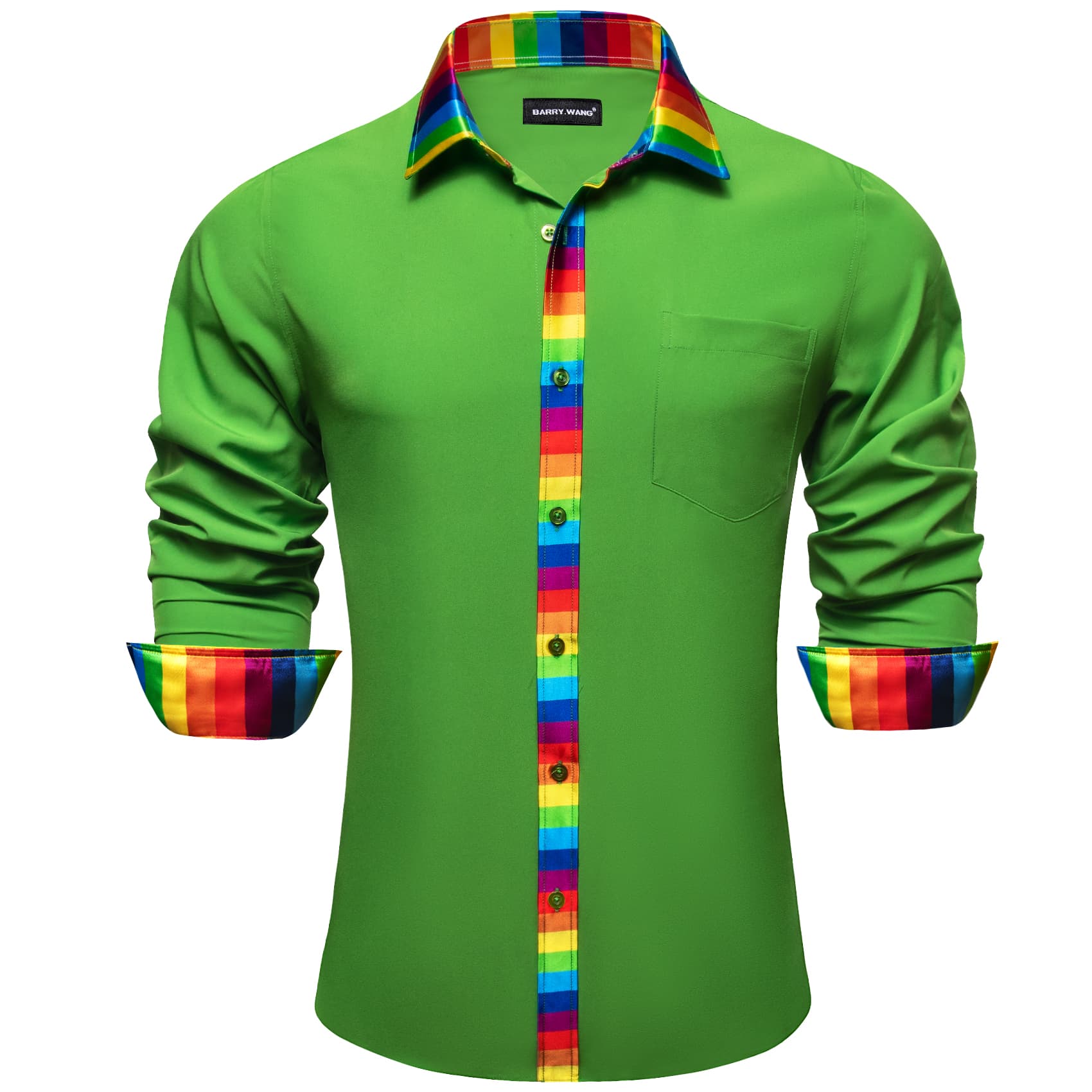 Lime Green Shirt Splicing Rainbow Color Collar Cuffs Shirt