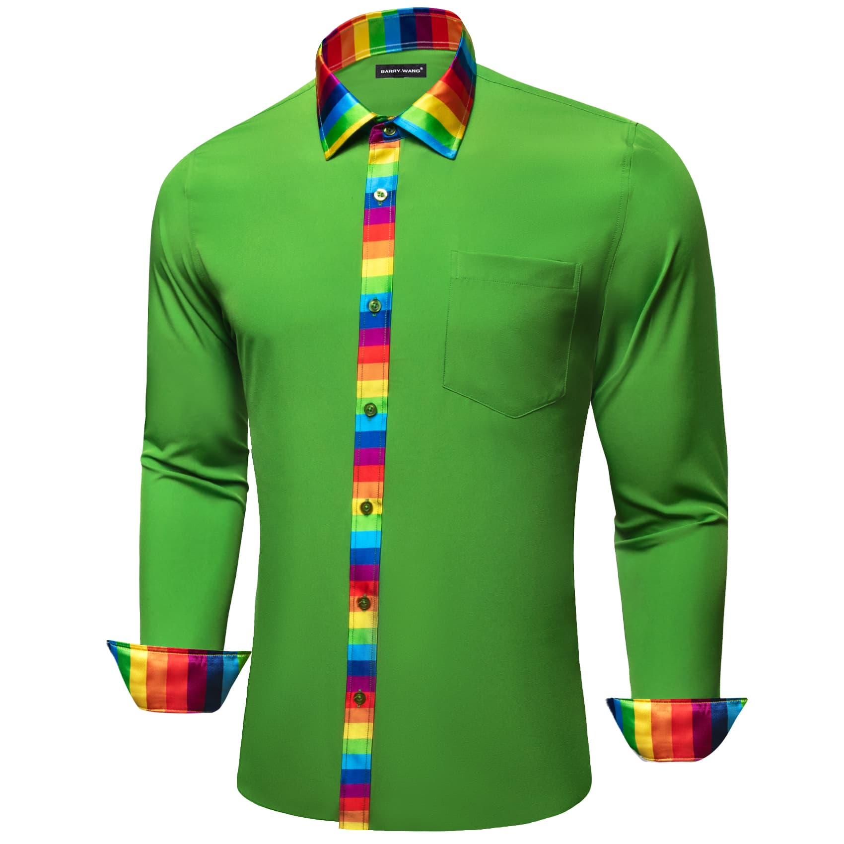 Lime Green Shirt Splicing Rainbow Color Collar Cuffs Shirt