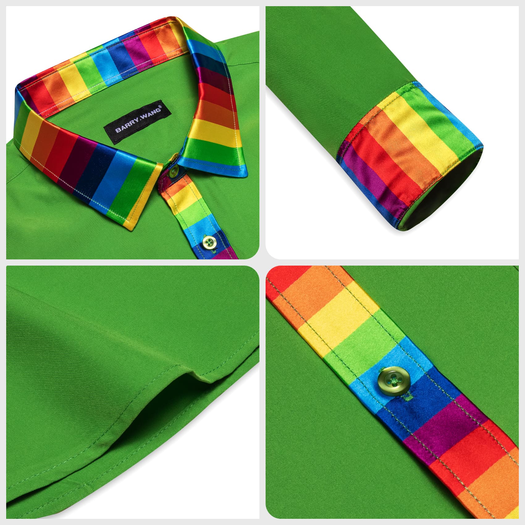 Lime Green Shirt Splicing Rainbow Color Collar Cuffs Shirt