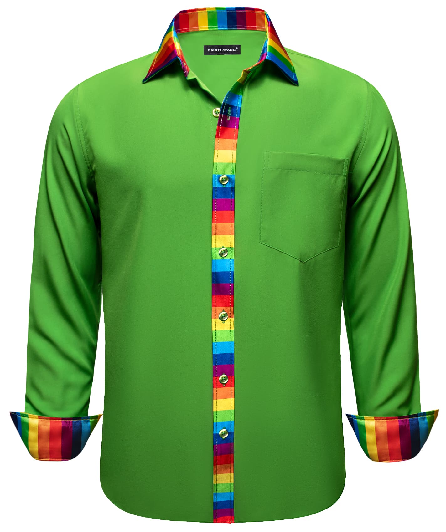 Lime Green Shirt Splicing Rainbow Color Collar Cuffs Shirt