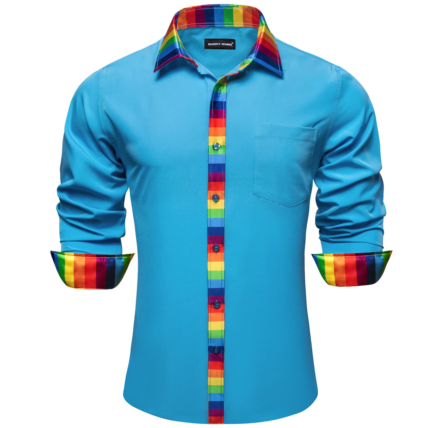 Splicing Collar Cuffs Shirt Bright Cerulean Blue Men Shirt