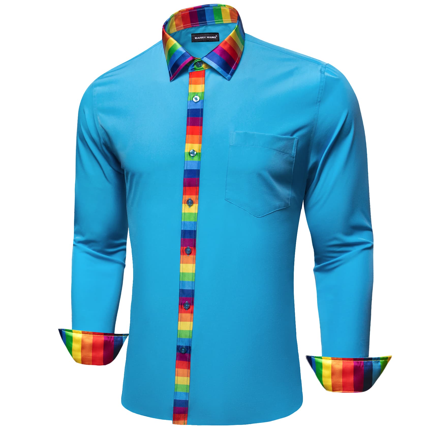 Splicing Collar Cuffs Shirt Bright Cerulean Blue Men Shirt