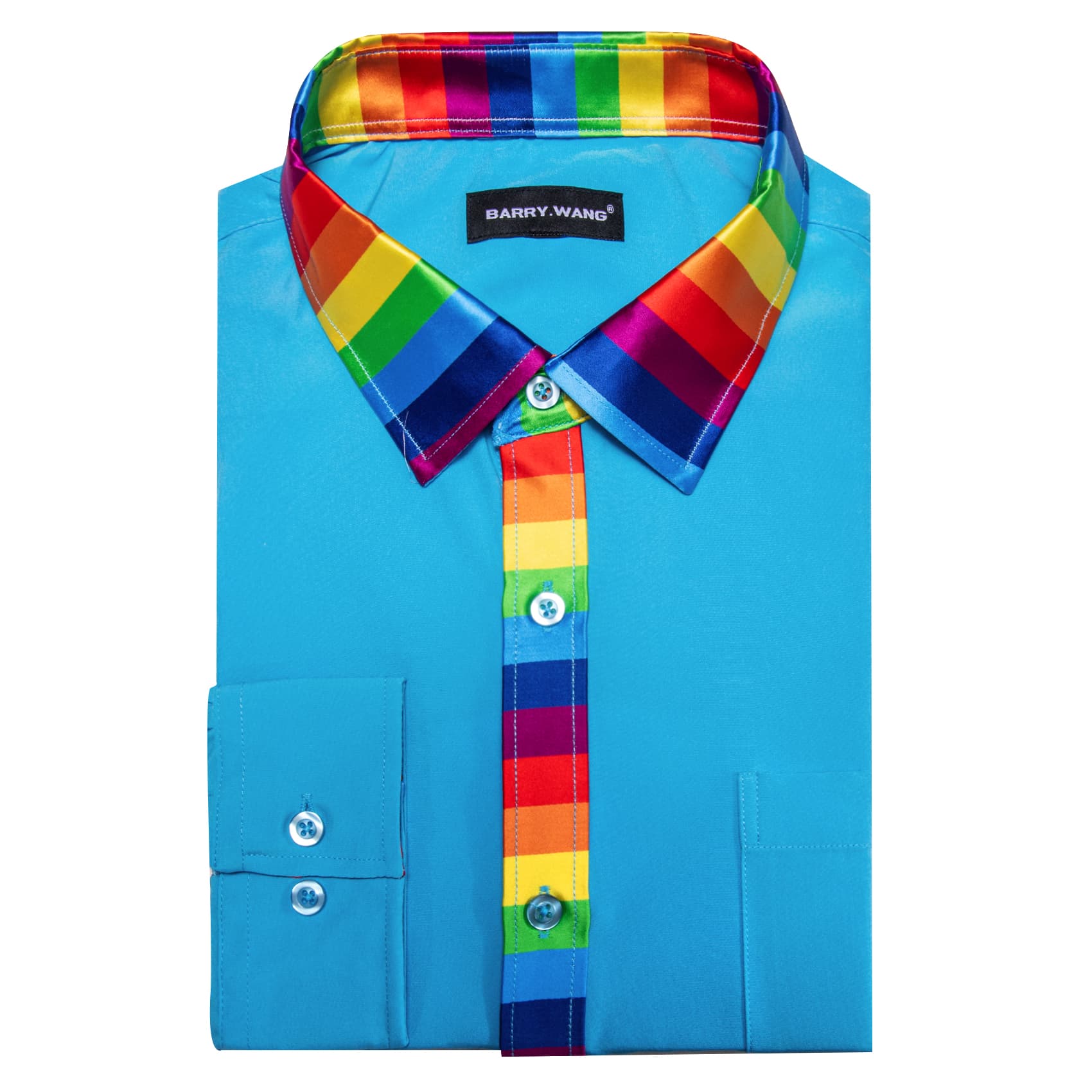 Splicing Collar Cuffs Shirt Bright Cerulean Blue Men Shirt