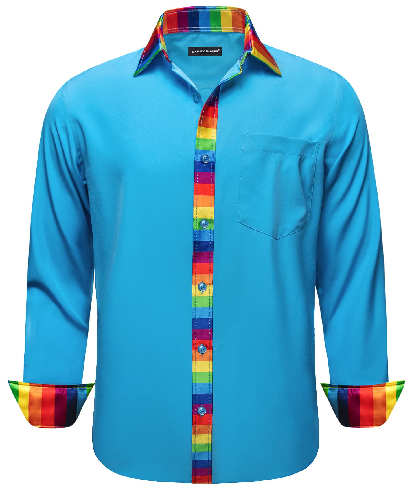 Splicing Collar Cuffs Shirt Bright Cerulean Blue Men Shirt