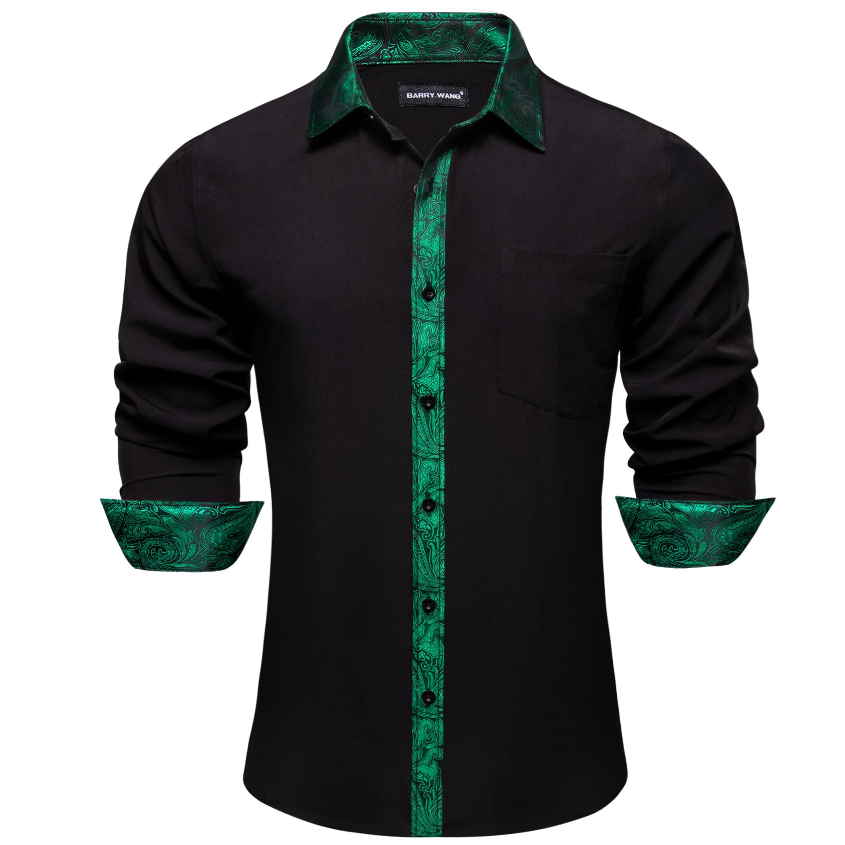 Black Shirt Green Paisley Cuffs Mens Silk Long Sleeve Shirt