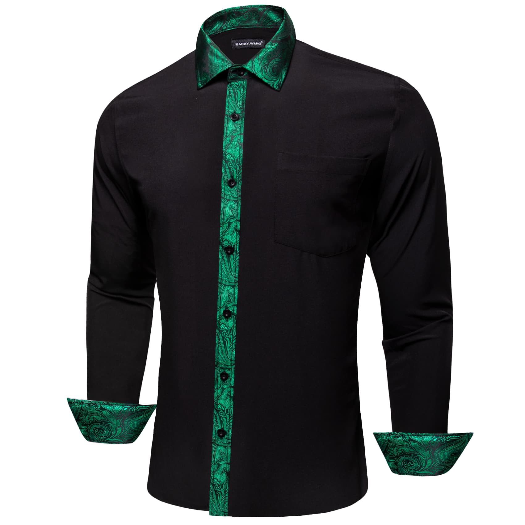 Black Shirt Green Paisley Cuffs Mens Silk Long Sleeve Shirt