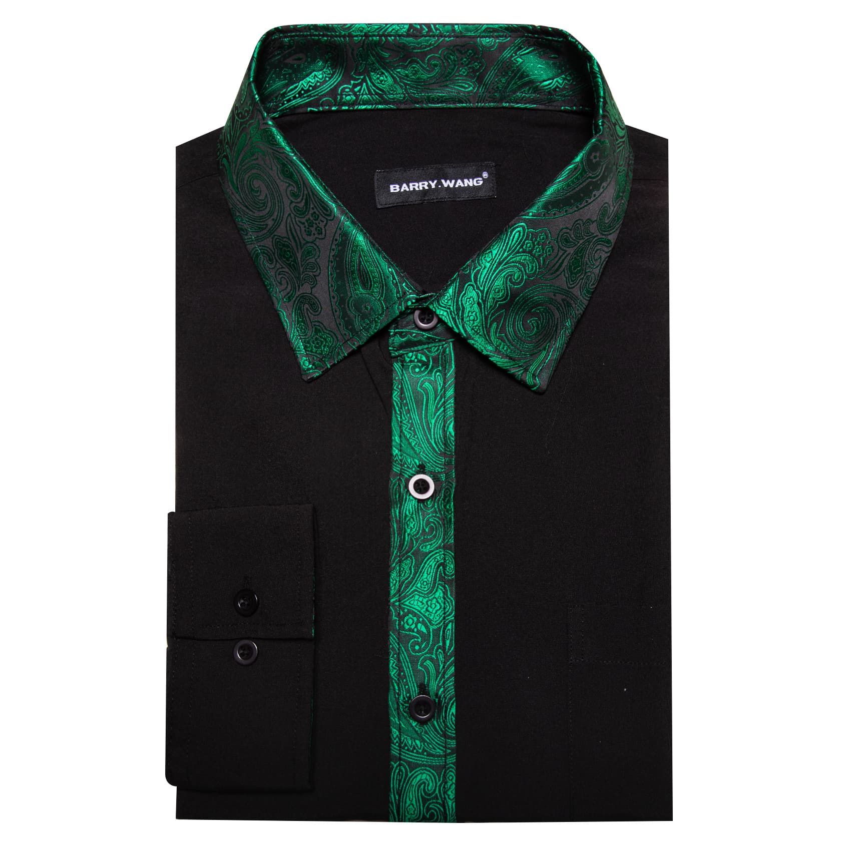 Black Shirt Green Paisley Cuffs Mens Silk Long Sleeve Shirt