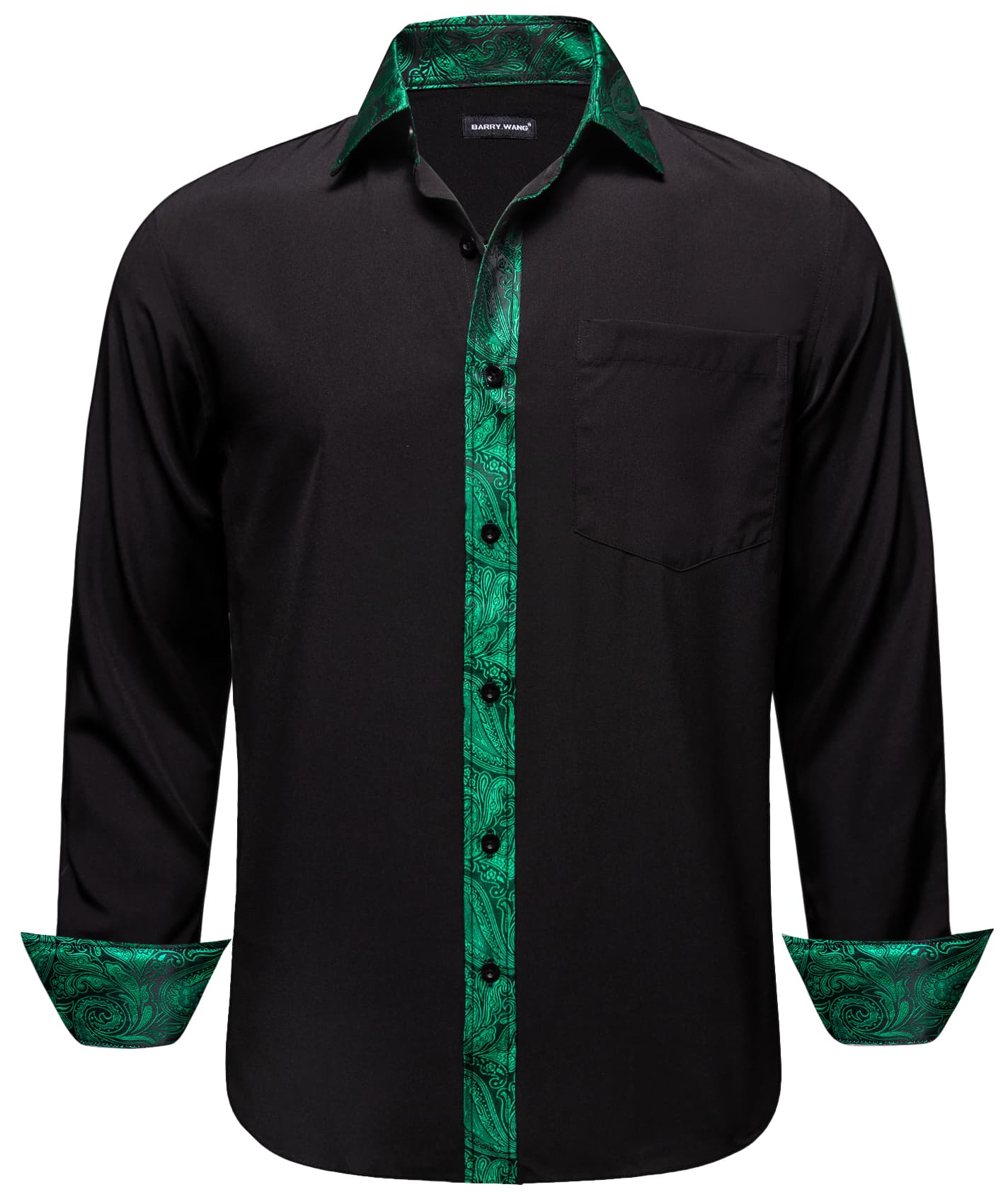 Black Shirt Green Paisley Cuffs Mens Silk Long Sleeve Shirt