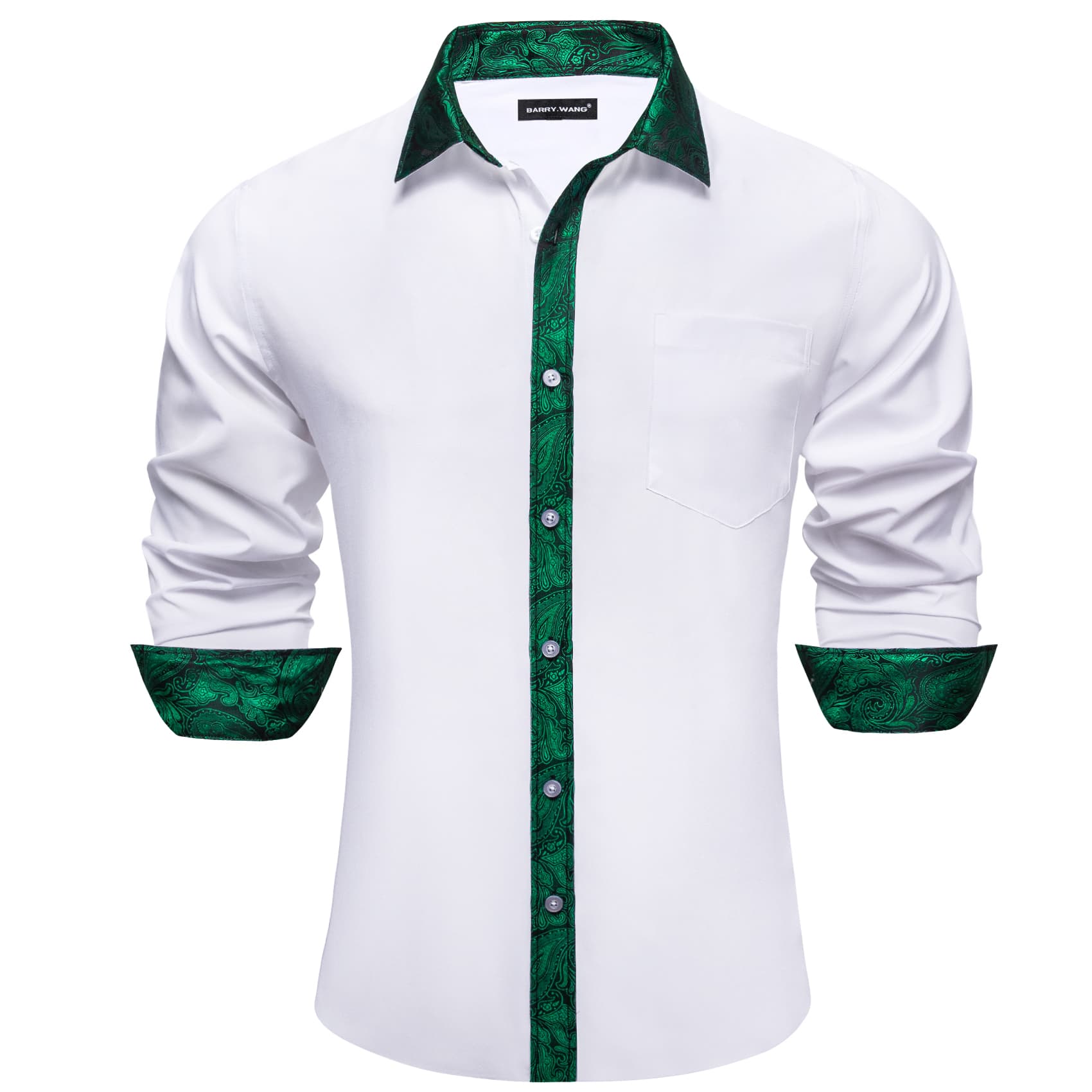 White Shirt Green Paisley Cuffs Mens Silk Long Sleeve Shirt