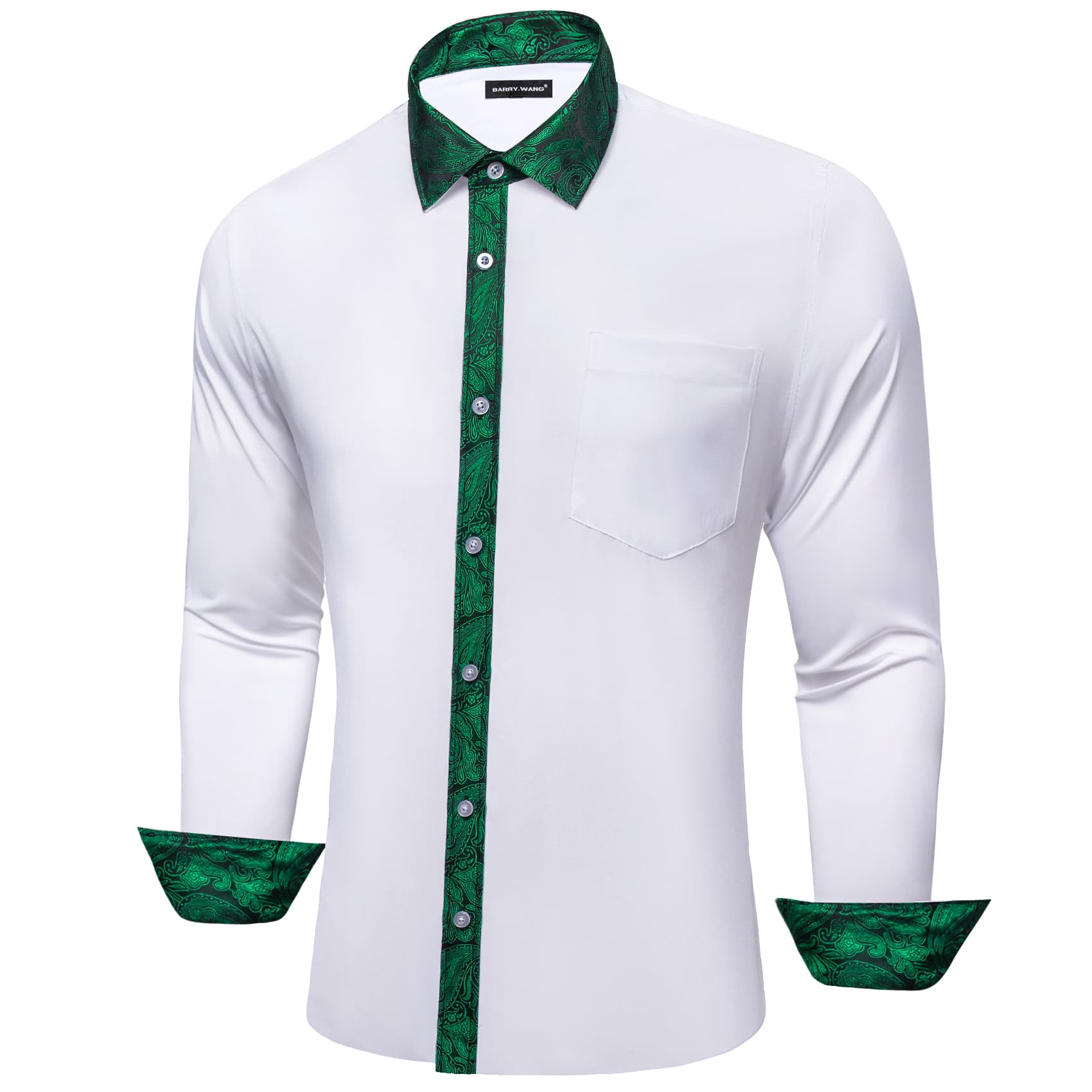 White Shirt Green Paisley Cuffs Mens Silk Long Sleeve Shirt