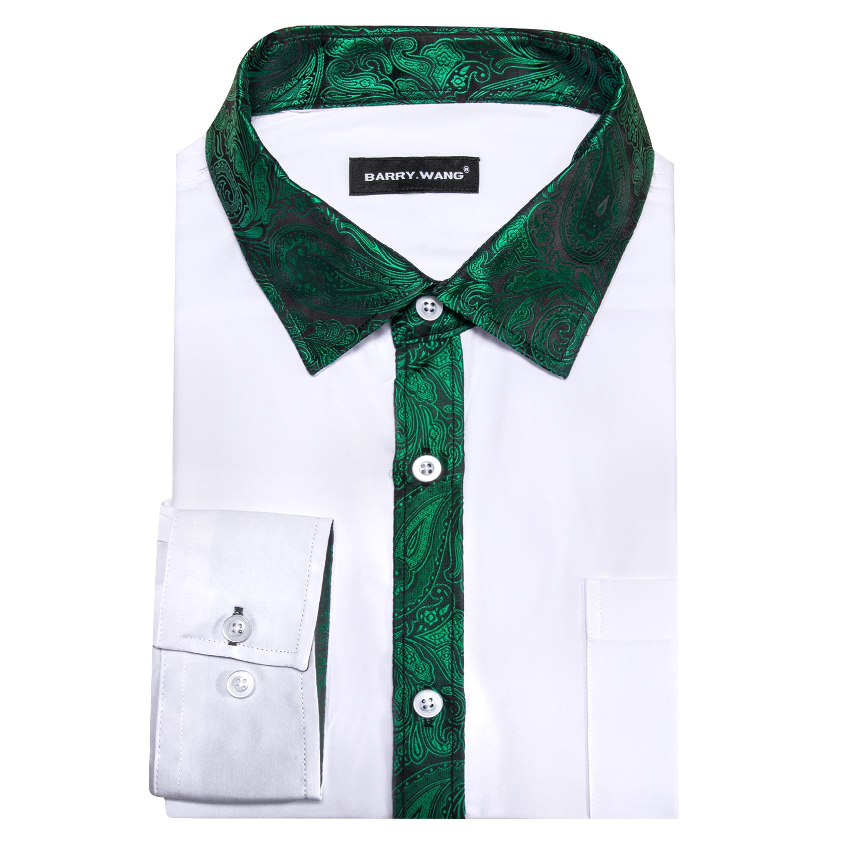 White Shirt Green Paisley Cuffs Mens Silk Long Sleeve Shirt