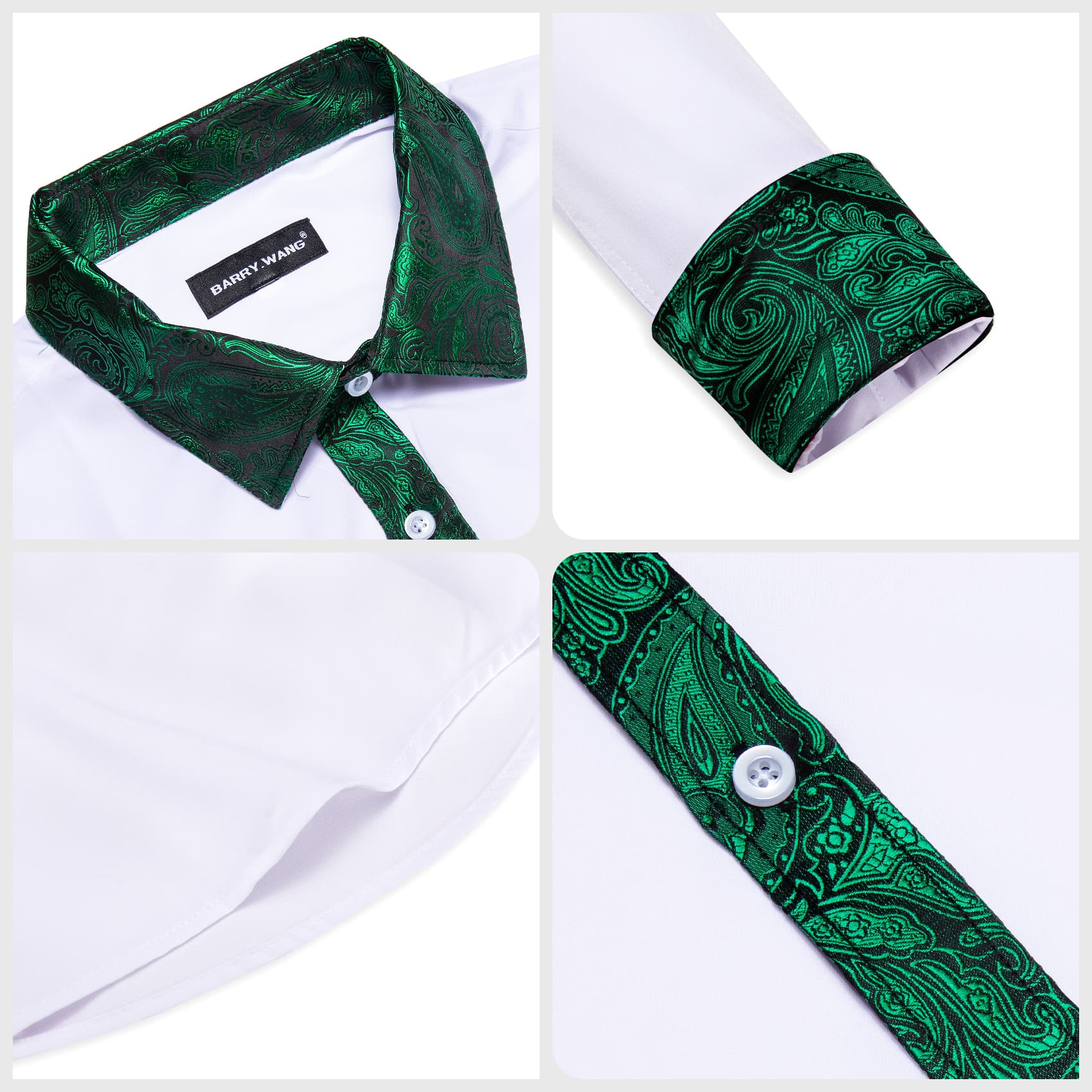 White Shirt Green Paisley Cuffs Mens Silk Long Sleeve Shirt