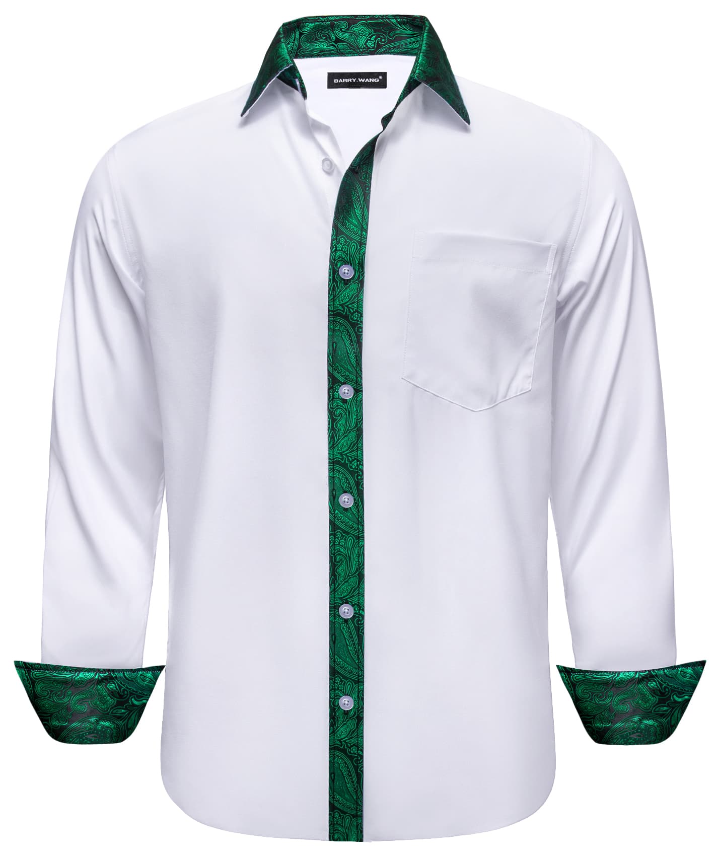 White Shirt Green Paisley Cuffs Mens Silk Long Sleeve Shirt