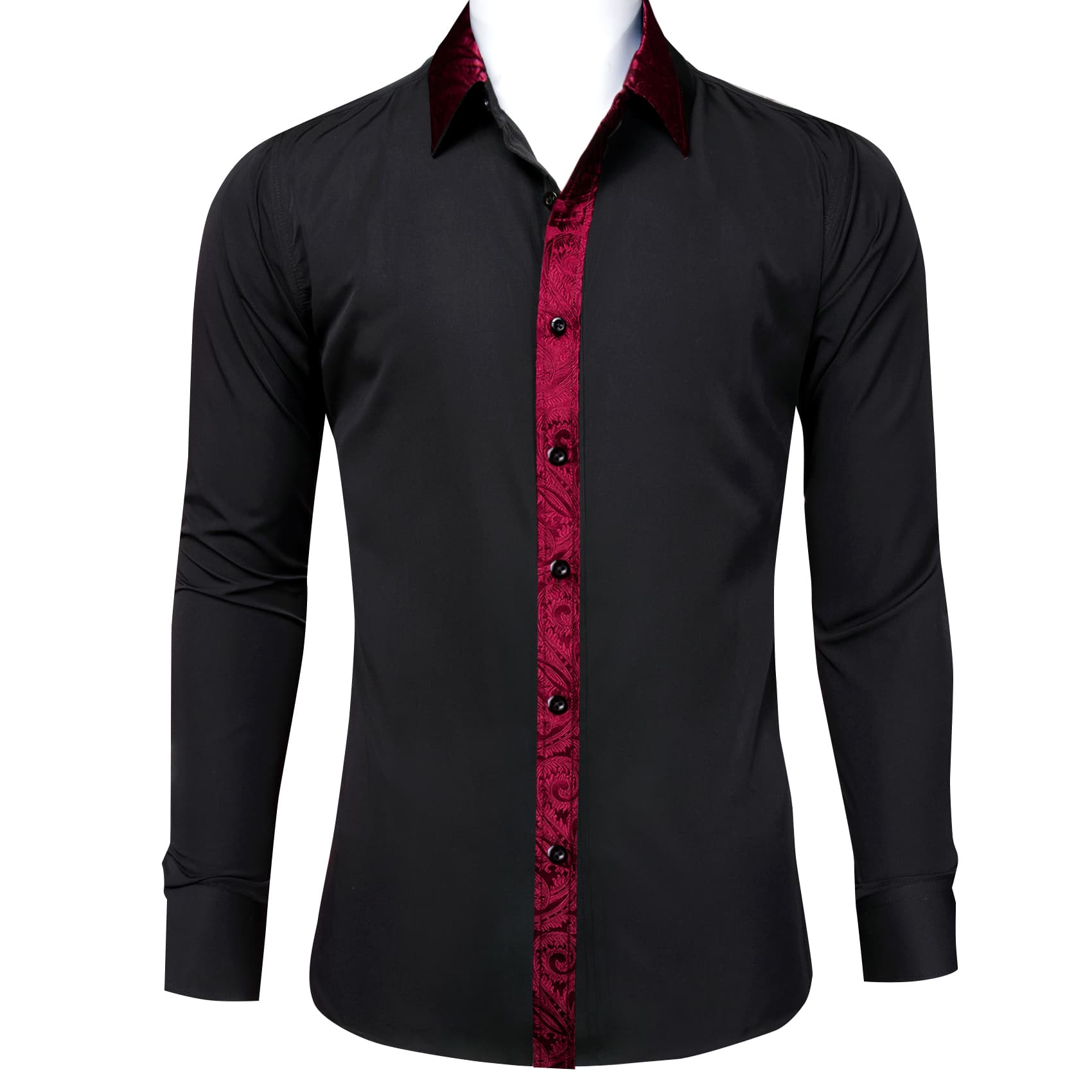 Black Splicing Shirt Dark Red Paisley Cuffs Button Up Shirt